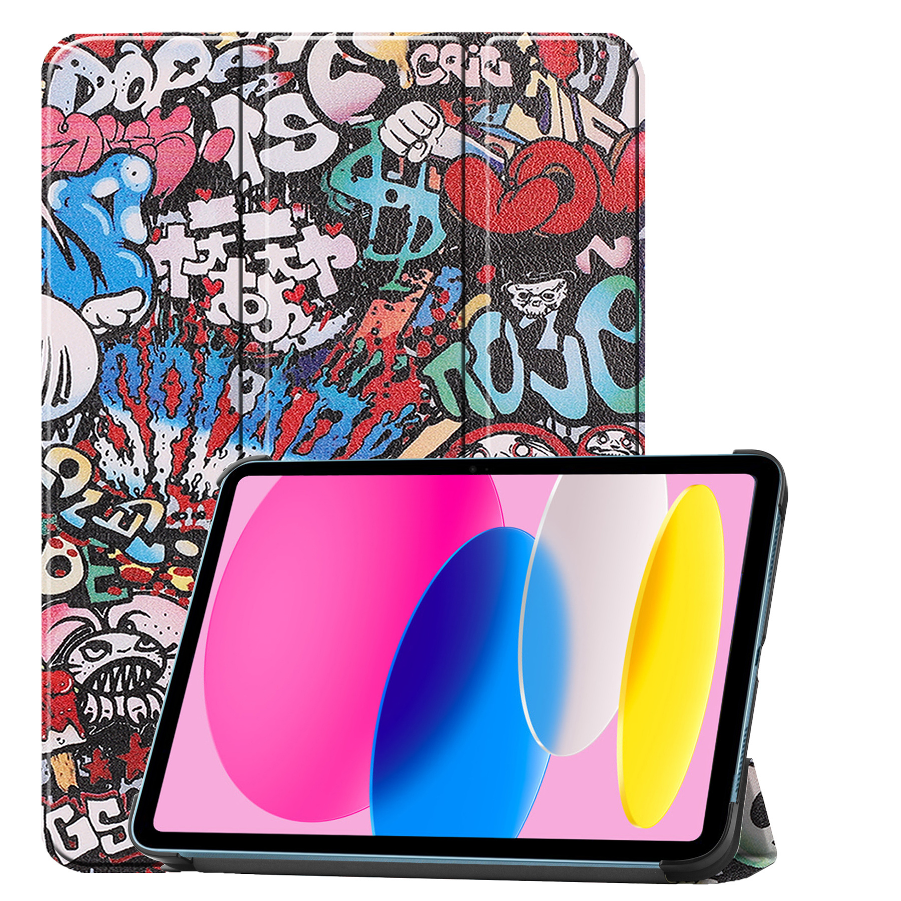 Nomfy Hoes Geschikt voor iPad 2022 Hoes Tri-fold Tablet Hoesje Case Met Screenprotector - Hoesje Geschikt voor iPad 10 Hoesje Hardcover Bookcase - Graffity