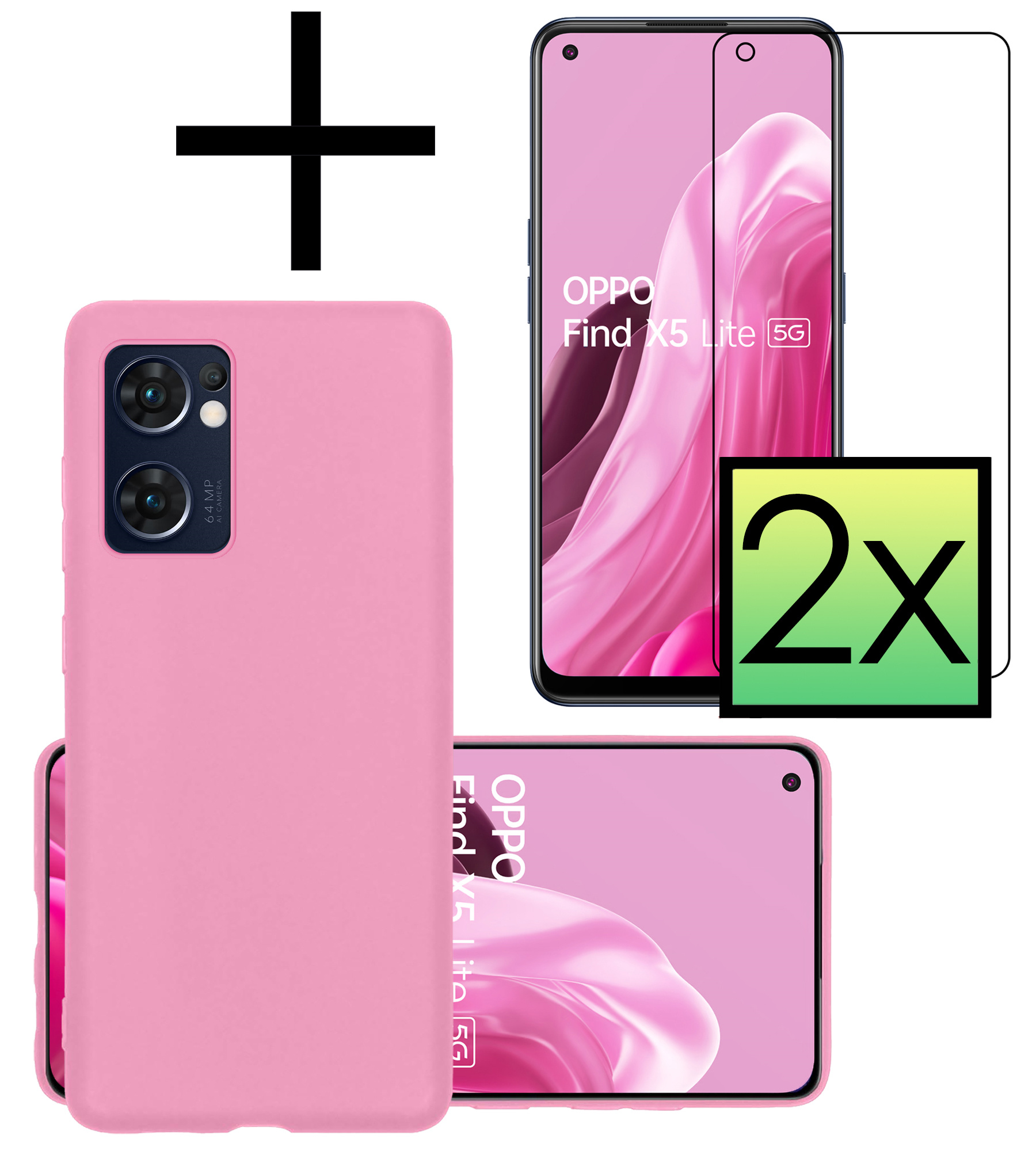 NoXx Hoes Geschikt voor OPPO Find X5 Lite Hoesje Cover Siliconen Back Case Hoes Met 2x Screenprotector - Lichtroze