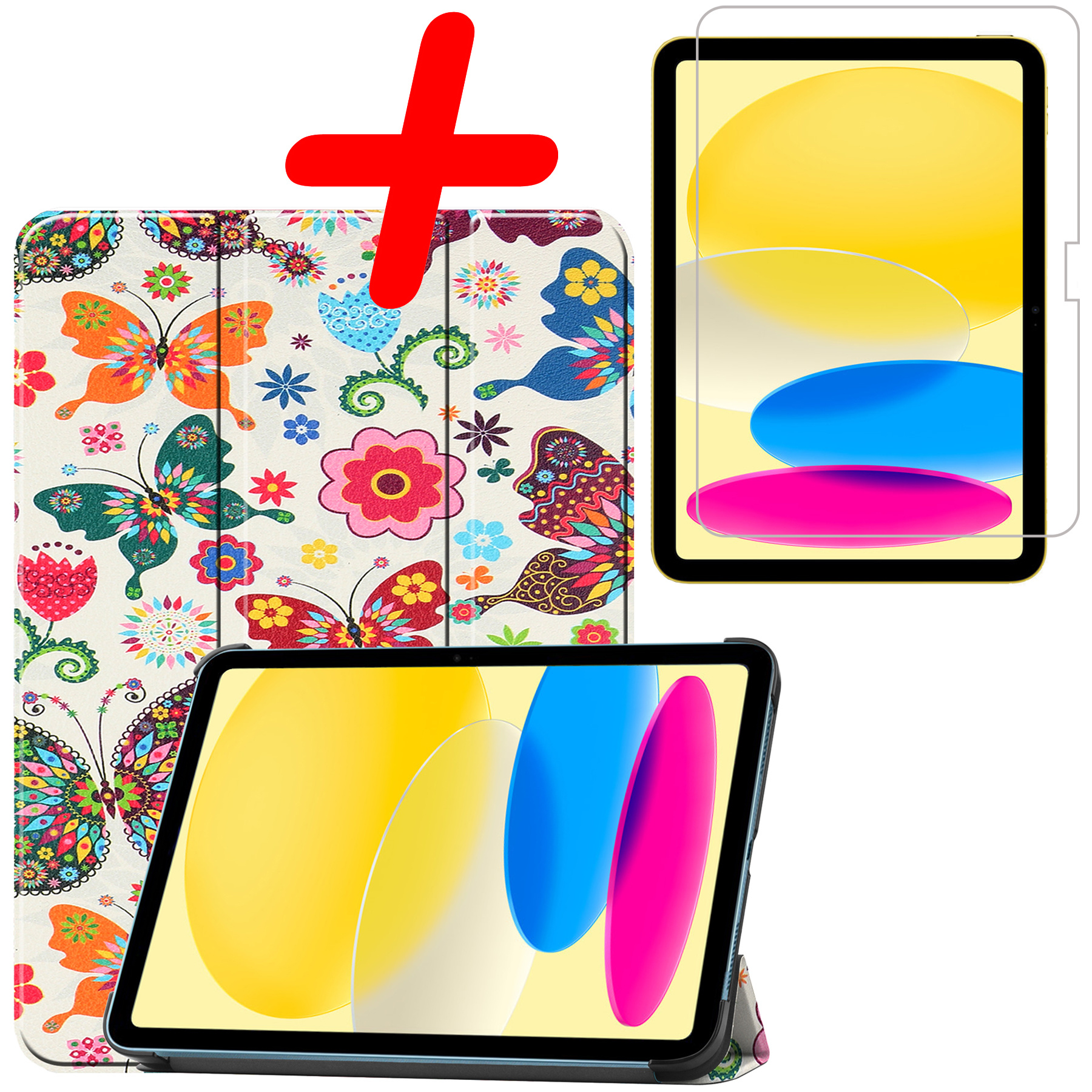 BASEY. Hoesje Geschikt voor iPad 2022 Hoes Case Tablet Hoesje Tri-fold Met Screenprotector - Hoes Geschikt voor iPad 10 Hoesje Hard Cover Bookcase Hoes - Vlinders