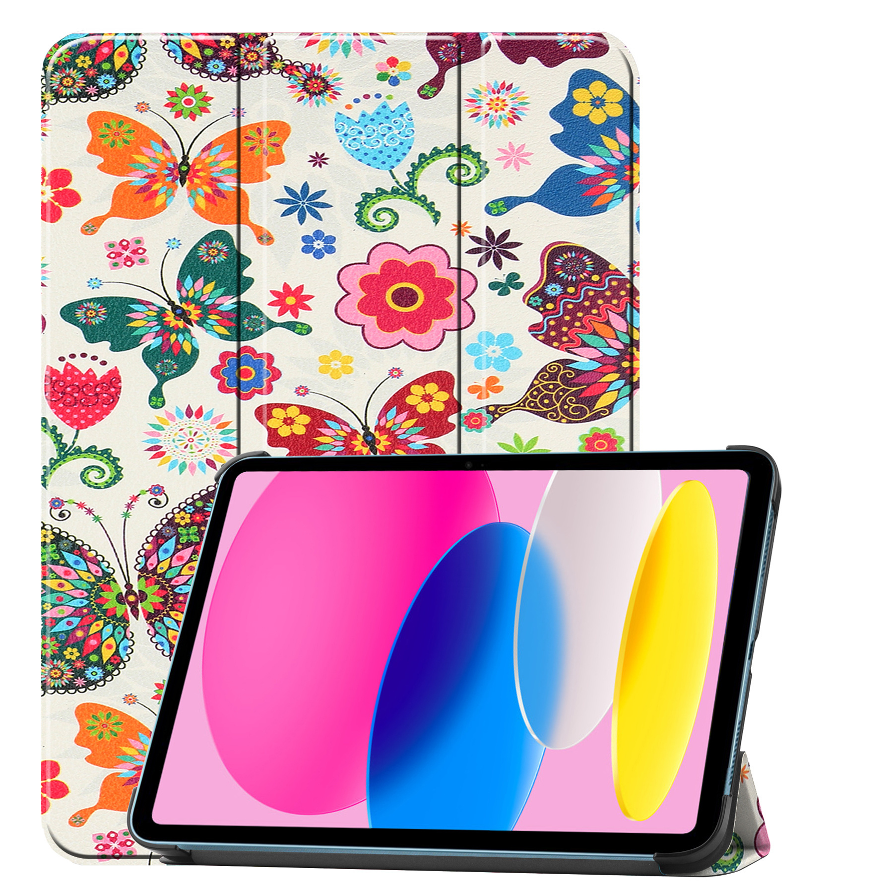 Nomfy Hoes Geschikt voor iPad 2022 Hoes Tri-fold Tablet Hoesje Case Met Screenprotector - Hoesje Geschikt voor iPad 10 Hoesje Hardcover Bookcase - Vlinders