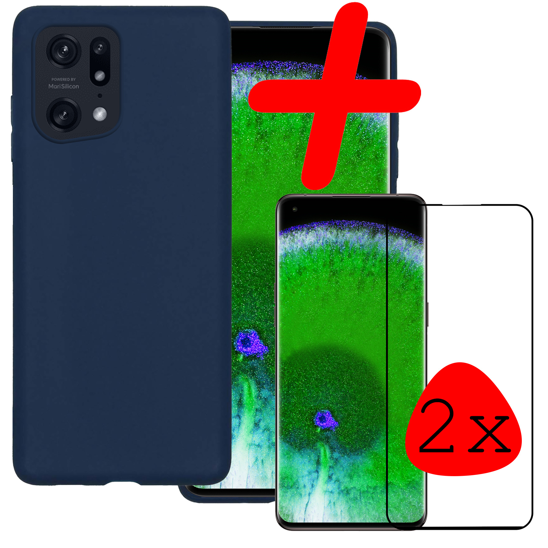 BASEY. Hoes Geschikt voor OPPO Find X5 Pro Hoesje Siliconen Back Cover Case Met 2x Screenprotector - Hoesje Geschikt voor OPPO X5 Pro Hoes Cover Hoesje - Donkerblauw