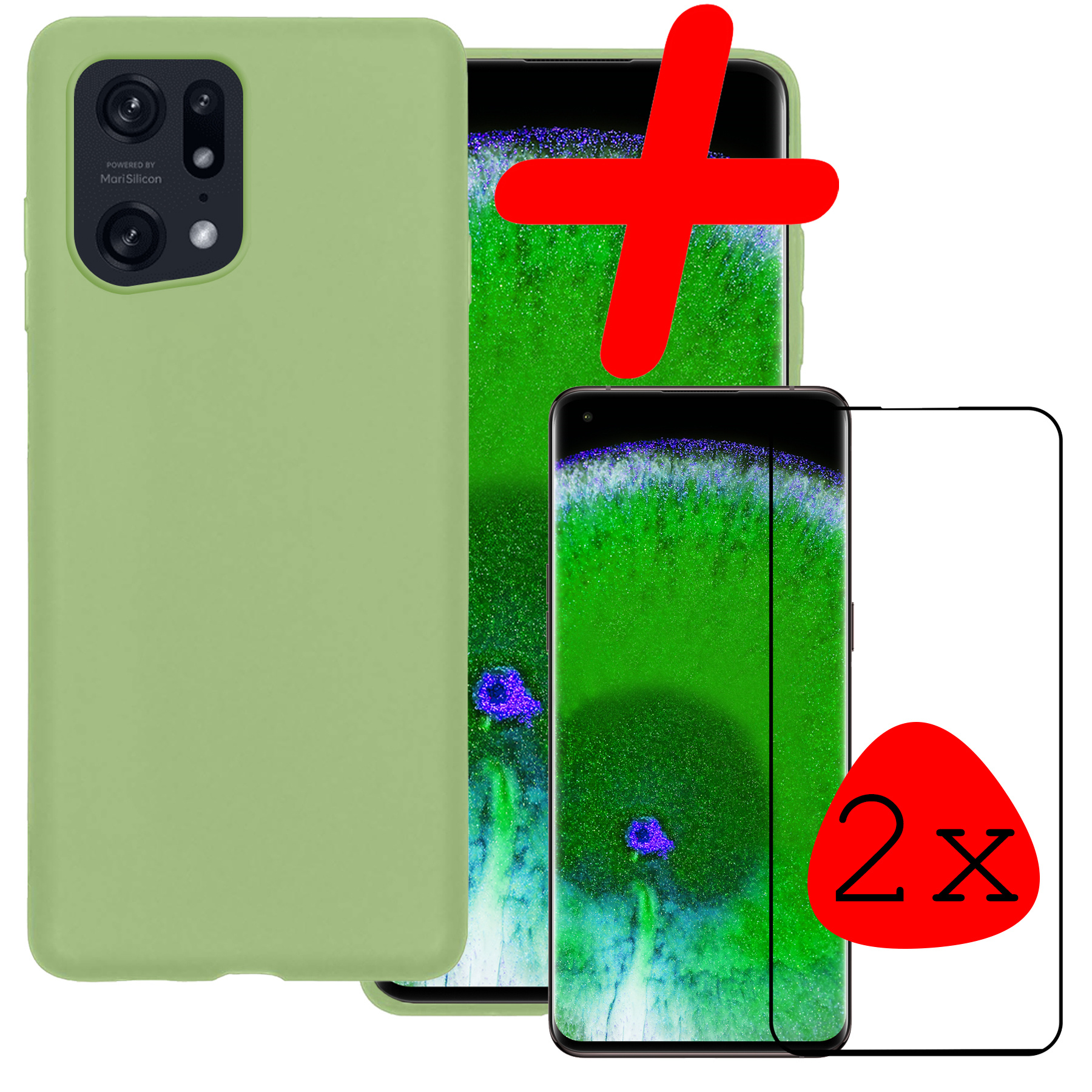 BASEY. Hoes Geschikt voor OPPO Find X5 Pro Hoesje Siliconen Back Cover Case Met 2x Screenprotector - Hoesje Geschikt voor OPPO X5 Pro Hoes Cover Hoesje - Groen