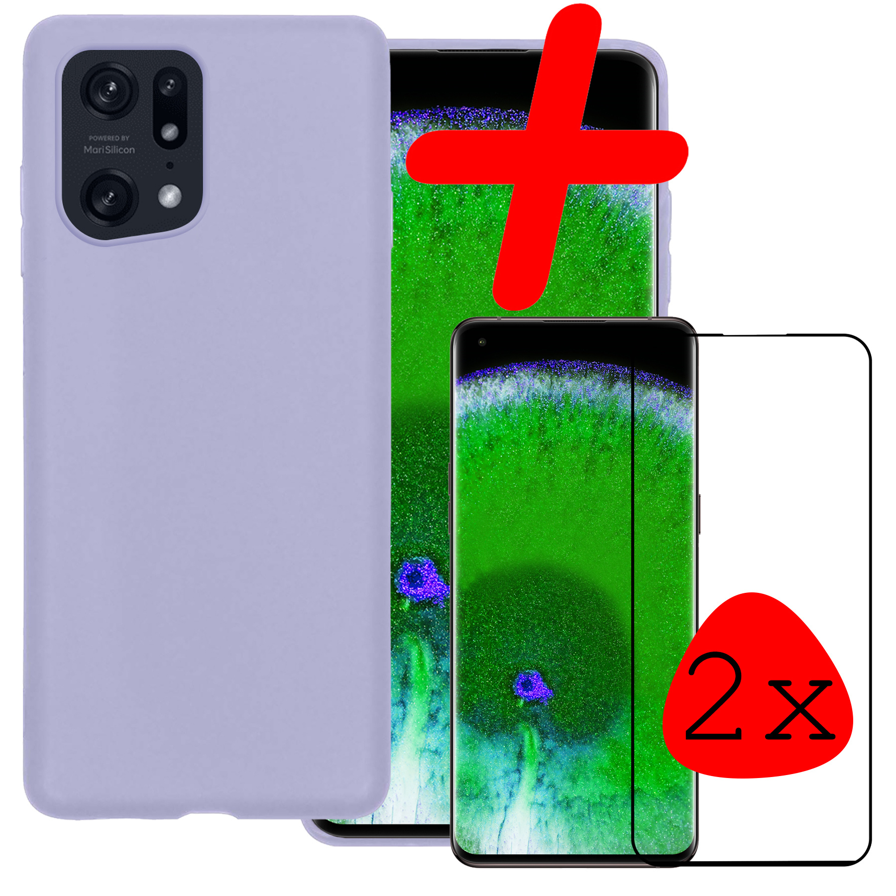 BASEY. OPPO Find X5 Pro Hoesje Siliconen Back Cover Case Met 2x Screenprotector - OPPO Find X5 Pro Hoes Silicone Case Hoesje - Lila