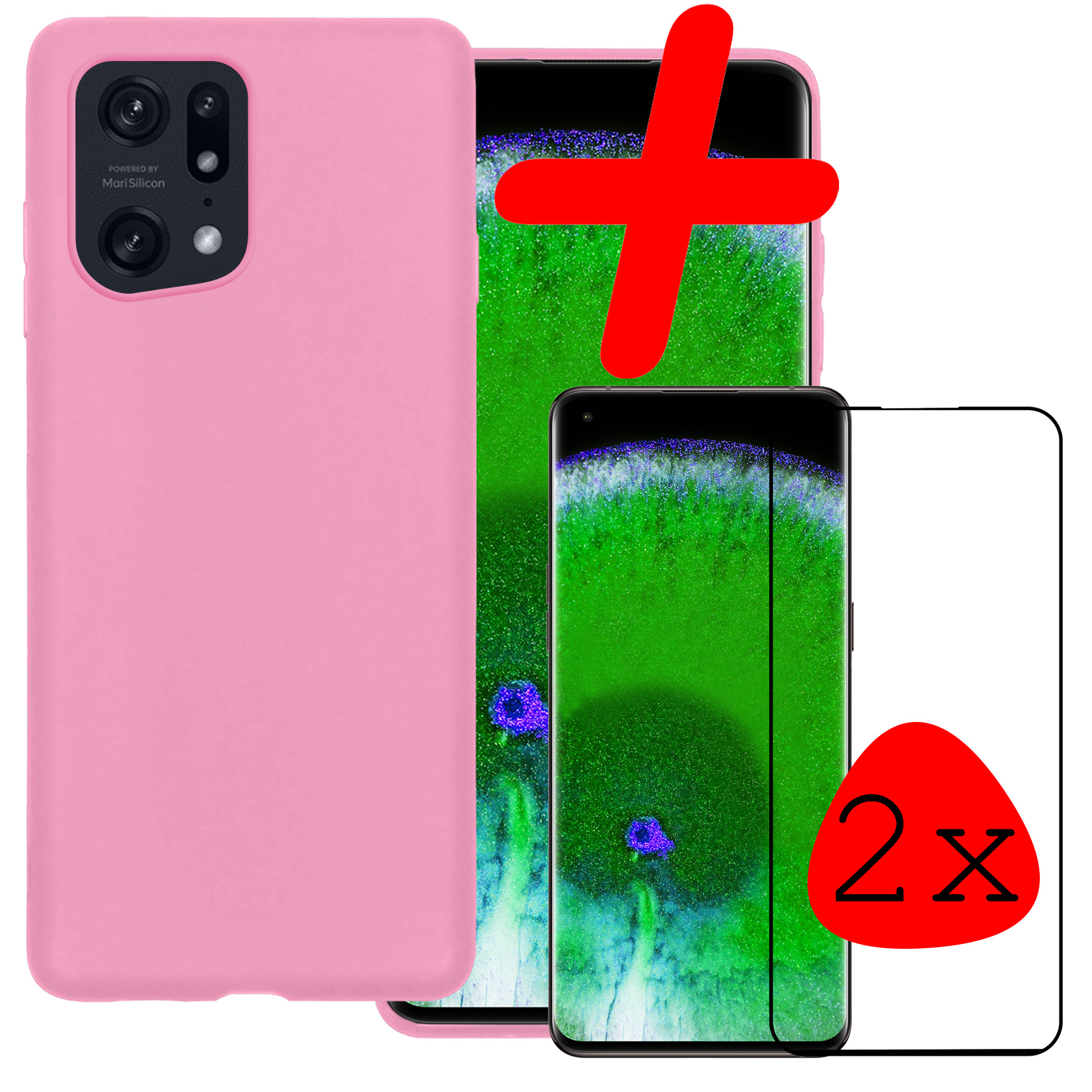 BASEY. Hoes Geschikt voor OPPO Find X5 Pro Hoesje Siliconen Back Cover Case Met 2x Screenprotector - Hoesje Geschikt voor OPPO X5 Pro Hoes Cover Hoesje - Lichtroze