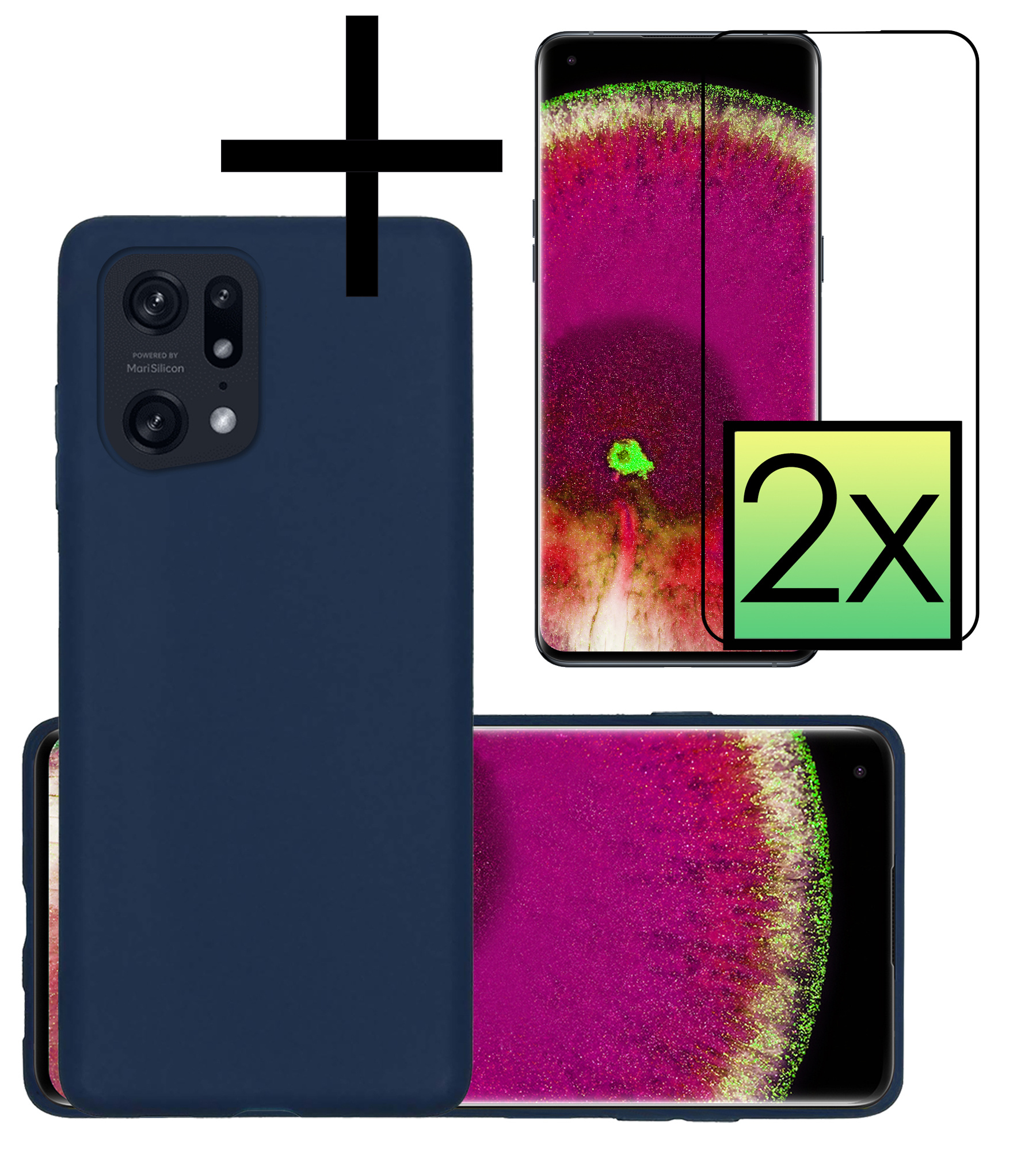 NoXx OPPO Find X5 Pro Hoesje Back Cover Siliconen Case Hoes Met 2x Screenprotector - Donker Blauw