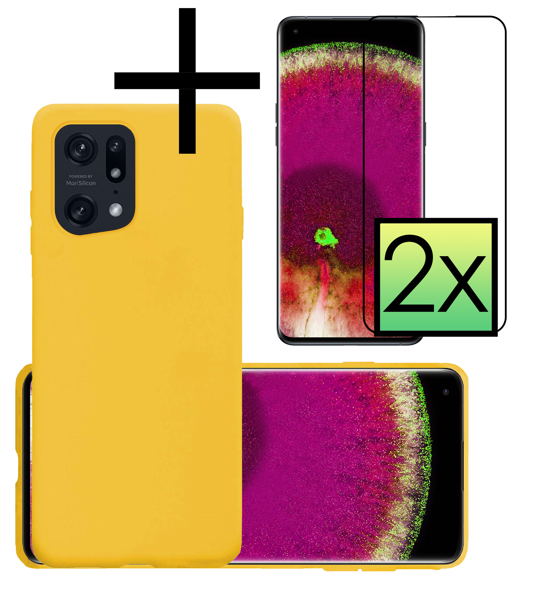 NoXx Hoes Geschikt voor OPPO Find X5 Pro Hoesje Cover Siliconen Back Case Hoes Met 2x Screenprotector - Geel