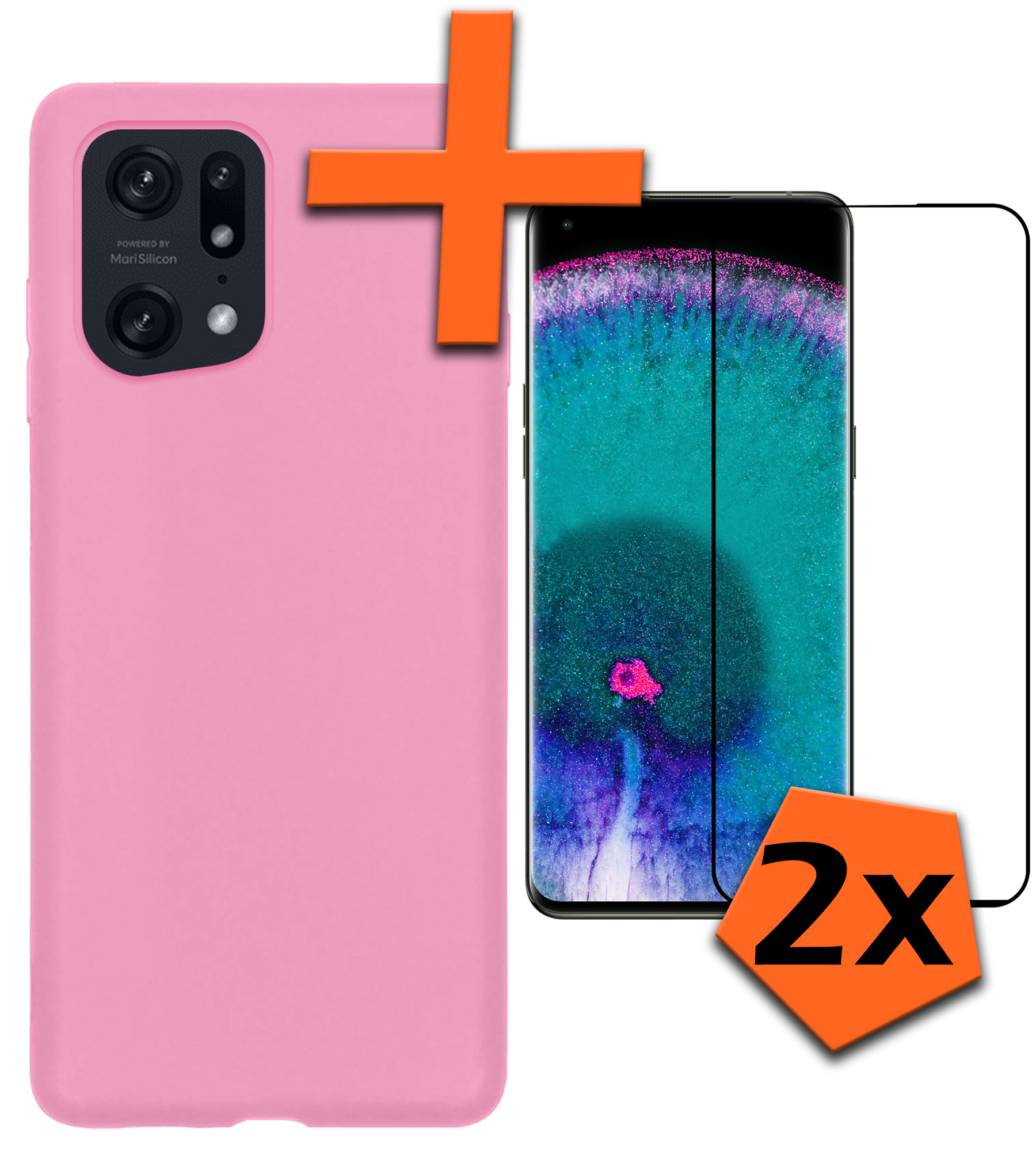 Nomfy Hoesje Geschikt voor OPPO Find X5 Pro Hoesje Siliconen Cover Case Met 2x Screenprotector - Hoes Geschikt voor OPPO X5 Pro Hoes Back Case - Lichtroze