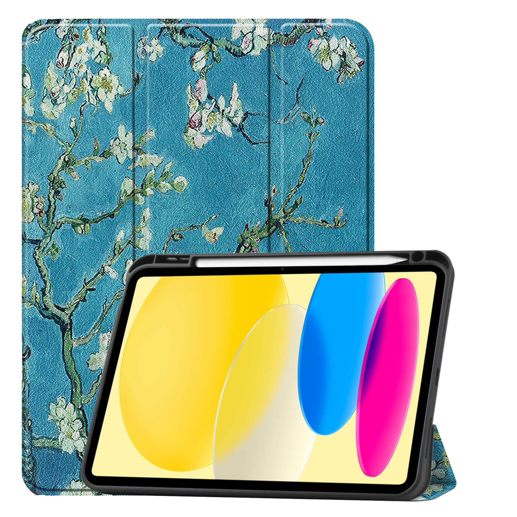 BASEY. Hoesje Geschikt voor iPad 2022 Hoes Case Tablet Hoesje Tri-fold Met Uitsparing Geschikt voor Apple Pencil - Hoes Geschikt voor iPad 10 Hoesje Hard Cover Bookcase Hoes - Bloesem