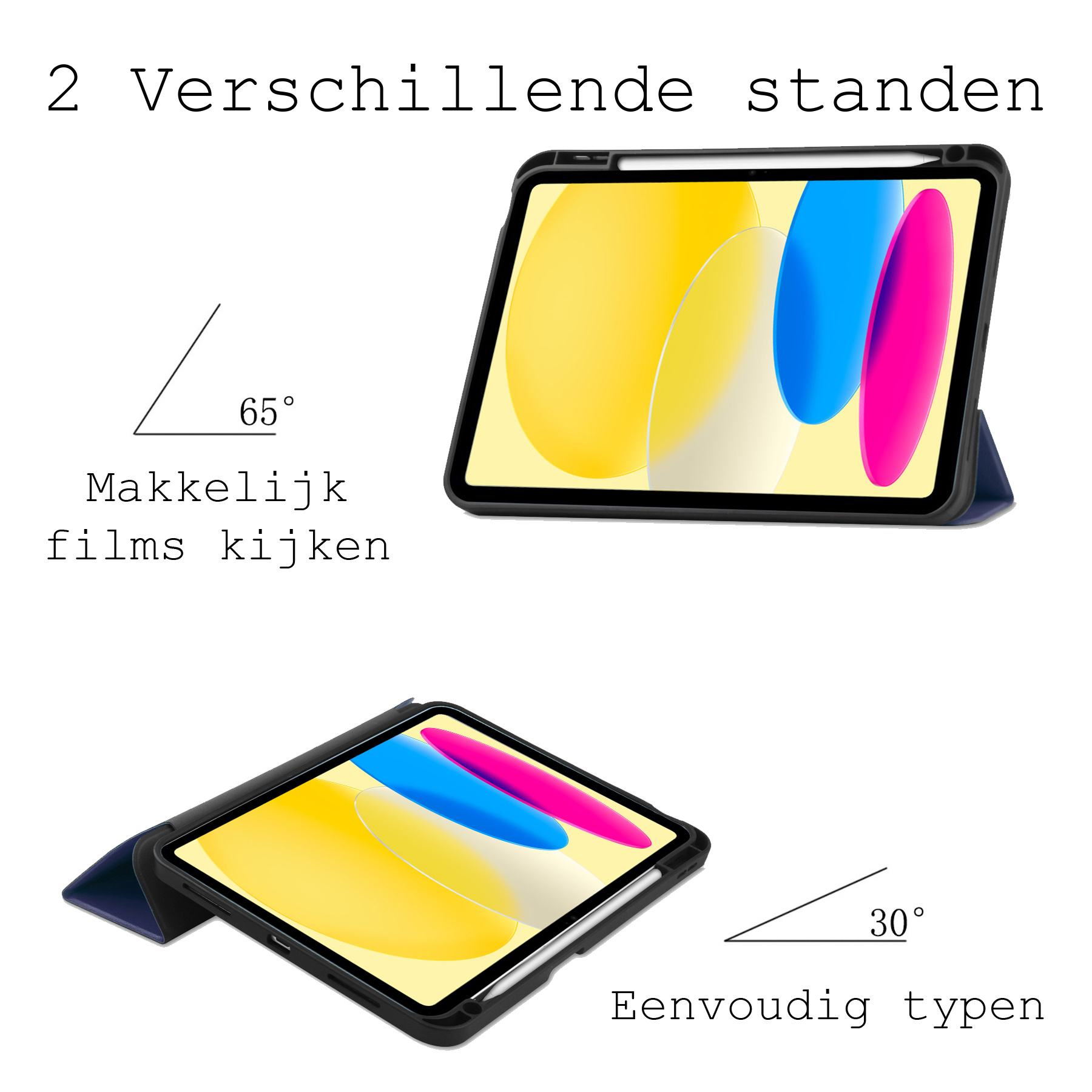 BASEY. Hoesje Geschikt voor iPad 2022 Hoes Case Tablet Hoesje Tri-fold Met Uitsparing Geschikt voor Apple Pencil - Hoes Geschikt voor iPad 10 Hoesje Hard Cover Bookcase Hoes - Donkerblauw