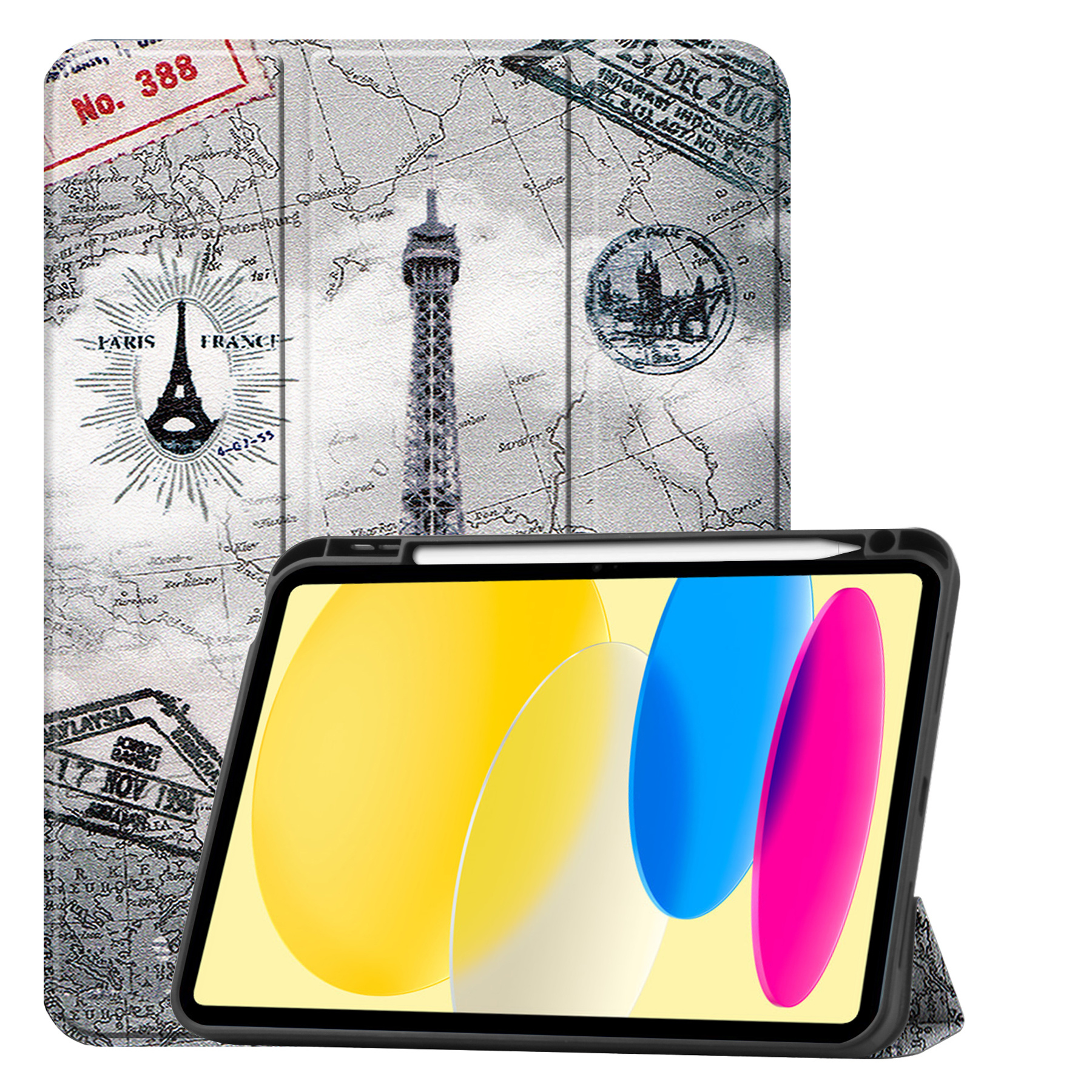 BASEY. Hoesje Geschikt voor iPad 2022 Hoes Case Tablet Hoesje Tri-fold Met Uitsparing Geschikt voor Apple Pencil - Hoes Geschikt voor iPad 10 Hoesje Hard Cover Bookcase Hoes - Eiffeltoren