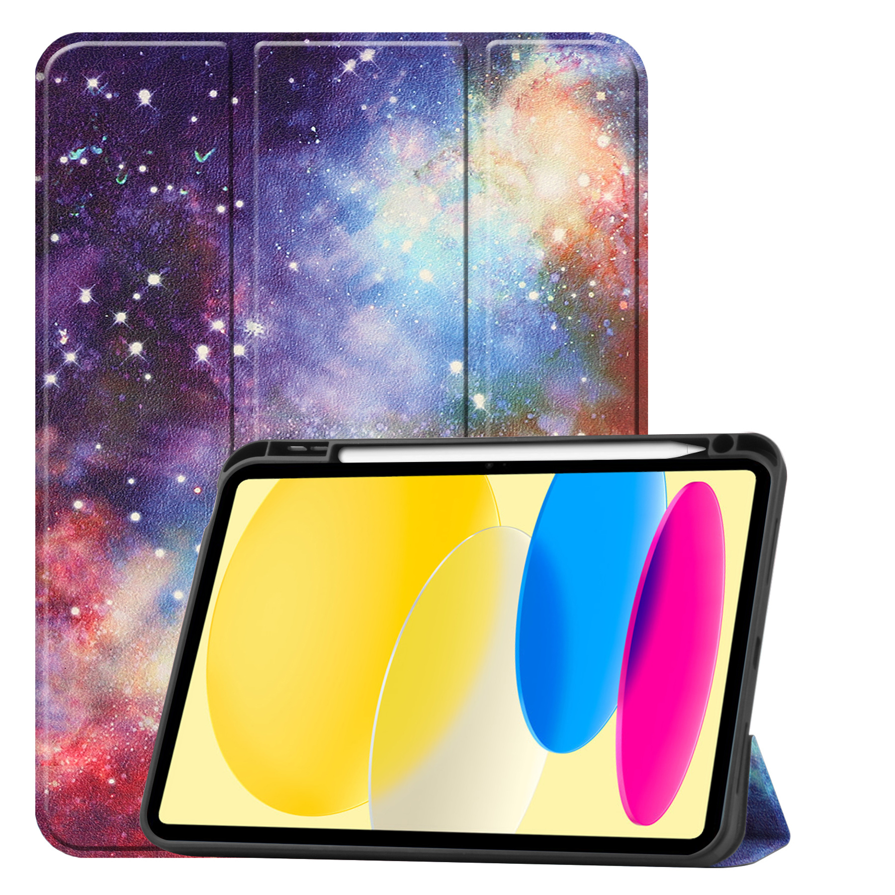 BASEY. Hoesje Geschikt voor iPad 2022 Hoes Case Tablet Hoesje Tri-fold Met Uitsparing Geschikt voor Apple Pencil - Hoes Geschikt voor iPad 10 Hoesje Hard Cover Bookcase Hoes - Galaxy