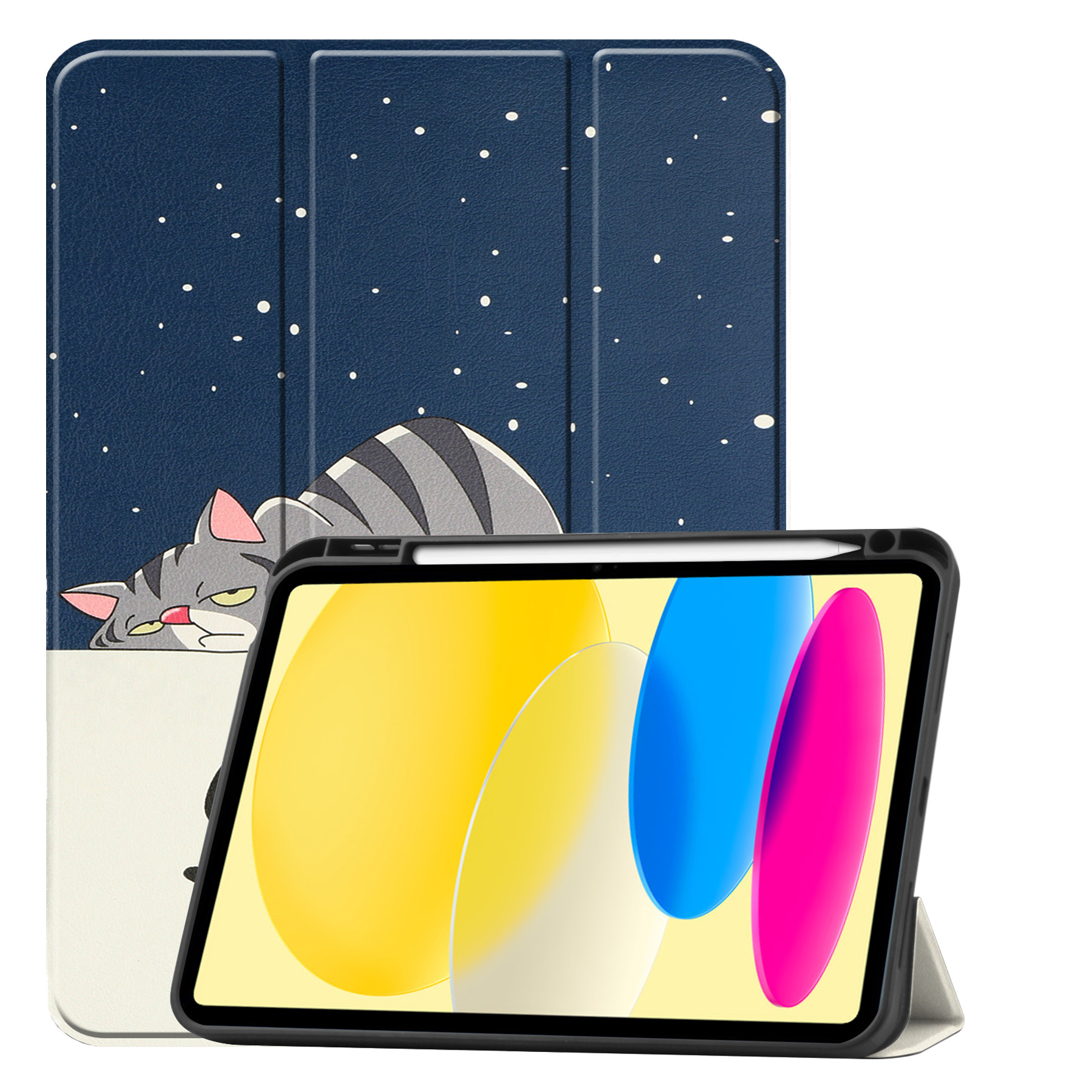 BASEY. Hoesje Geschikt voor iPad 2022 Hoes Case Tablet Hoesje Tri-fold Met Uitsparing Geschikt voor Apple Pencil - Hoes Geschikt voor iPad 10 Hoesje Hard Cover Bookcase Hoes - Kat
