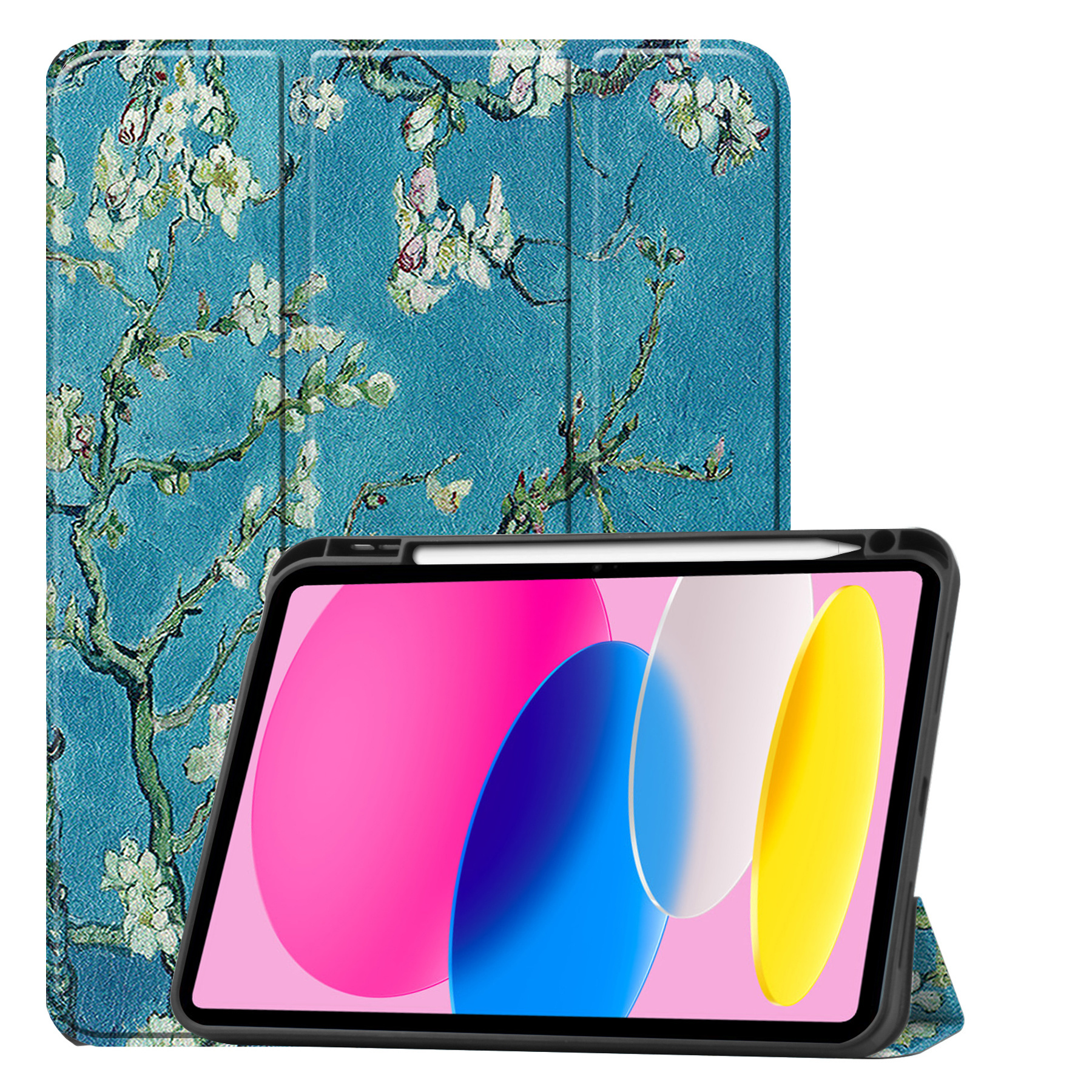 Nomfy Hoes Geschikt voor iPad 2022 Hoes Tri-fold Tablet Hoesje Case Met Uitsparing Geschikt voor Apple Pencil Met Screenprotector - Hoesje Geschikt voor iPad 10 Hoesje Hardcover Bookcase - Bloesem