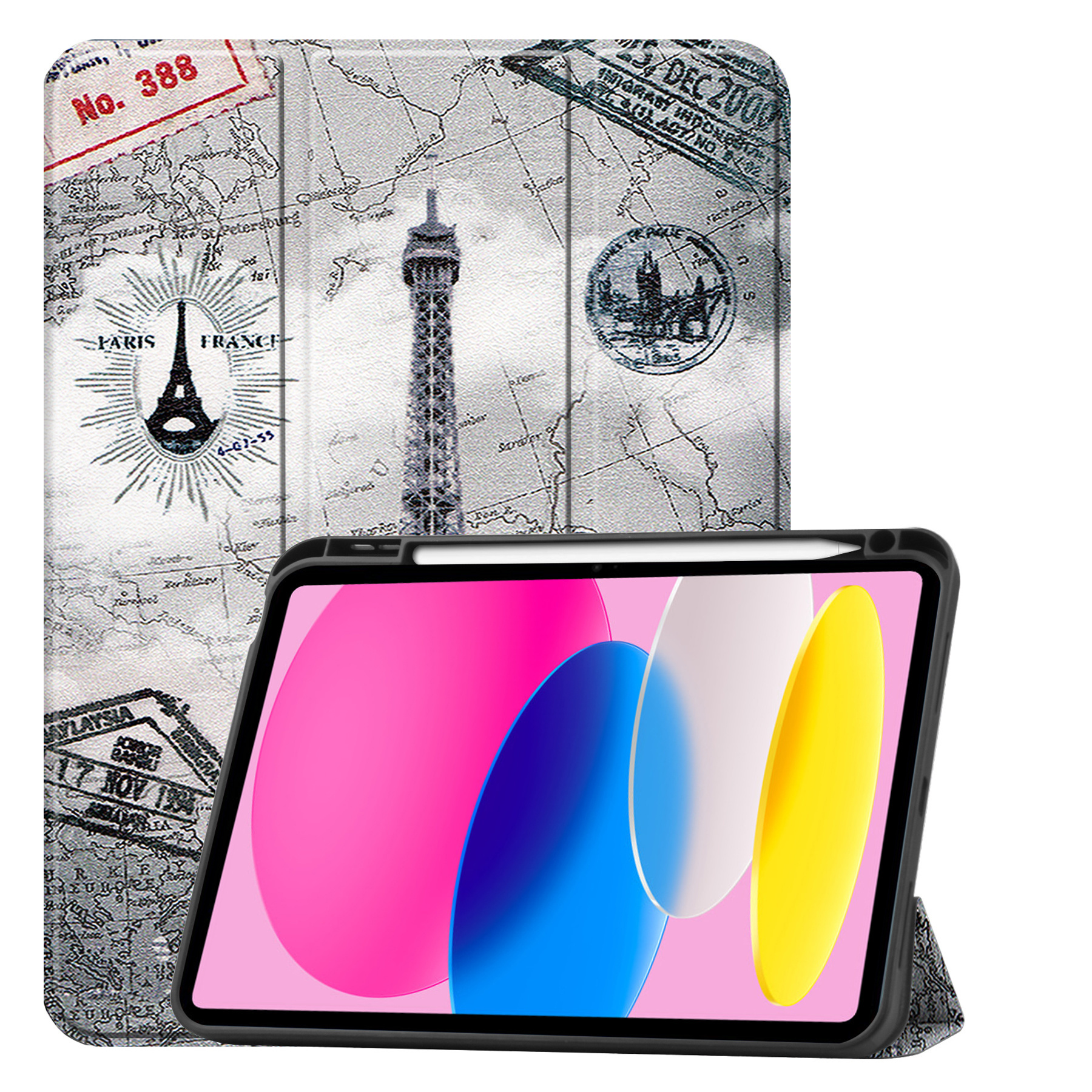 Nomfy Hoes Geschikt voor iPad 2022 Hoes Tri-fold Tablet Hoesje Case Met Uitsparing Geschikt voor Apple Pencil Met Screenprotector - Hoesje Geschikt voor iPad 10 Hoesje Hardcover Bookcase - Eiffeltoren