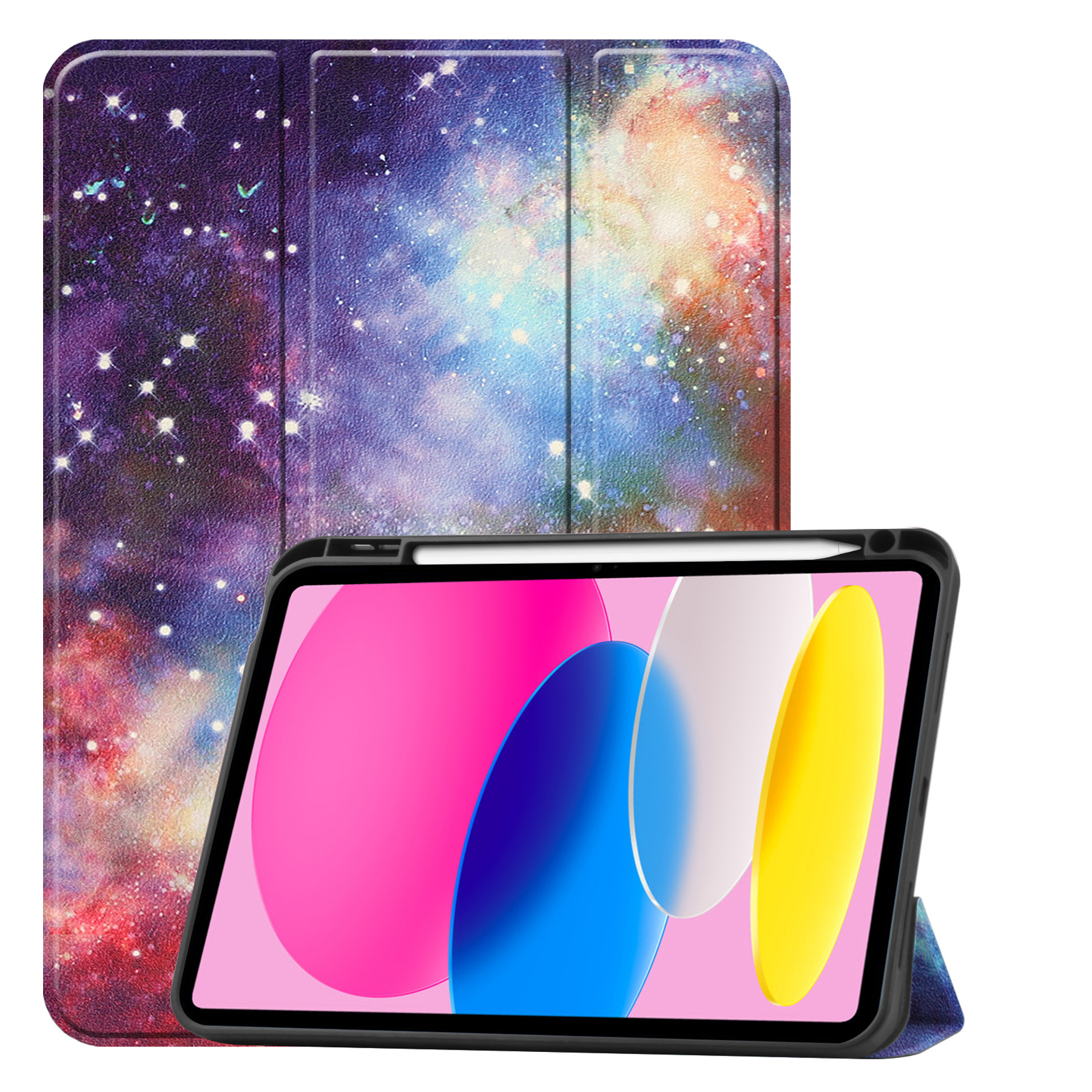 Nomfy Hoes Geschikt voor iPad 2022 Hoes Tri-fold Tablet Hoesje Case Met Uitsparing Geschikt voor Apple Pencil Met Screenprotector - Hoesje Geschikt voor iPad 10 Hoesje Hardcover Bookcase - Galaxy
