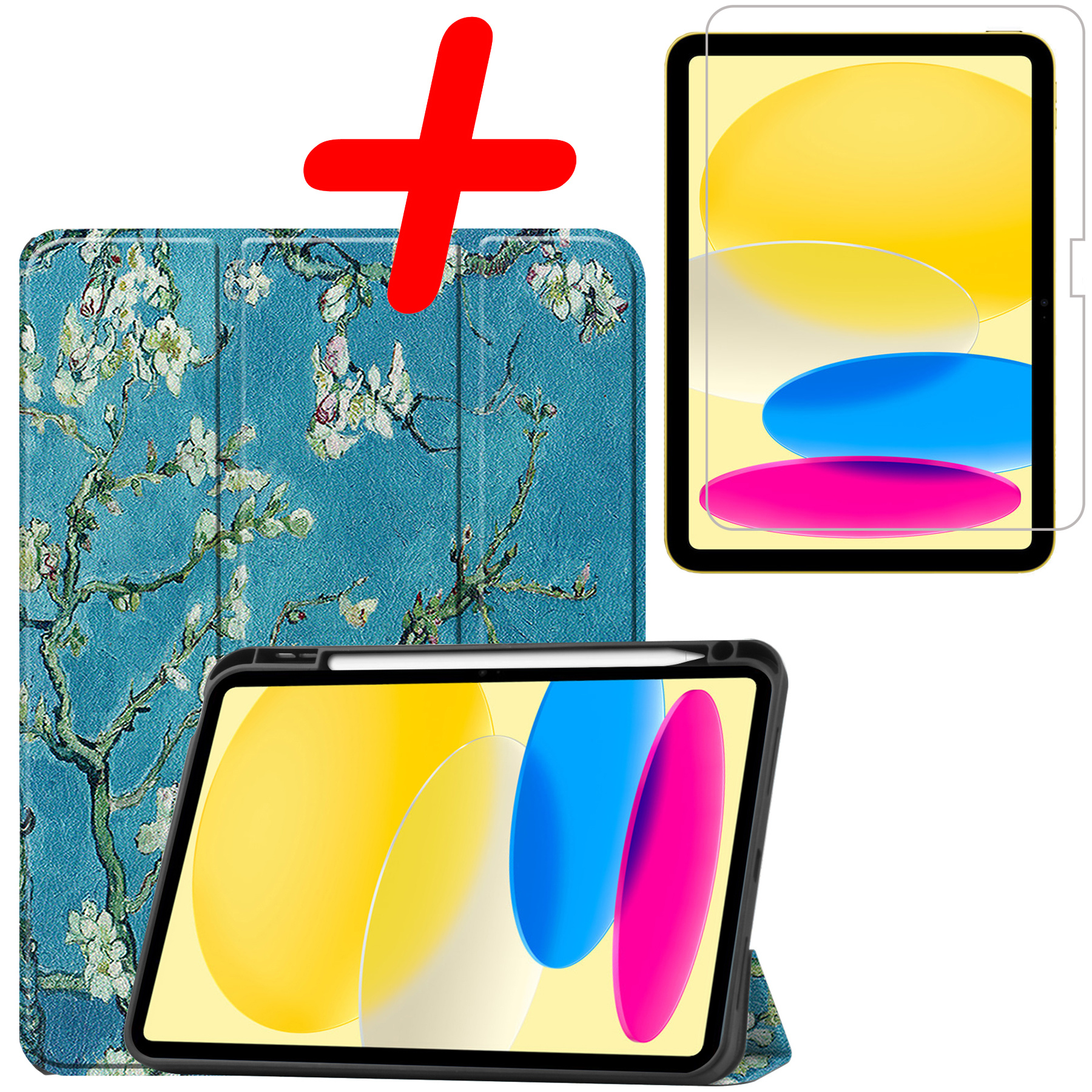 BASEY. Hoesje Geschikt voor iPad 2022 Hoes Case Tablet Hoesje Tri-fold Met Uitsparing Geschikt voor Apple Pencil Met Screenprotector - Hoes Geschikt voor iPad 10 Hoesje Hard Cover Bookcase Hoes - Bloesem