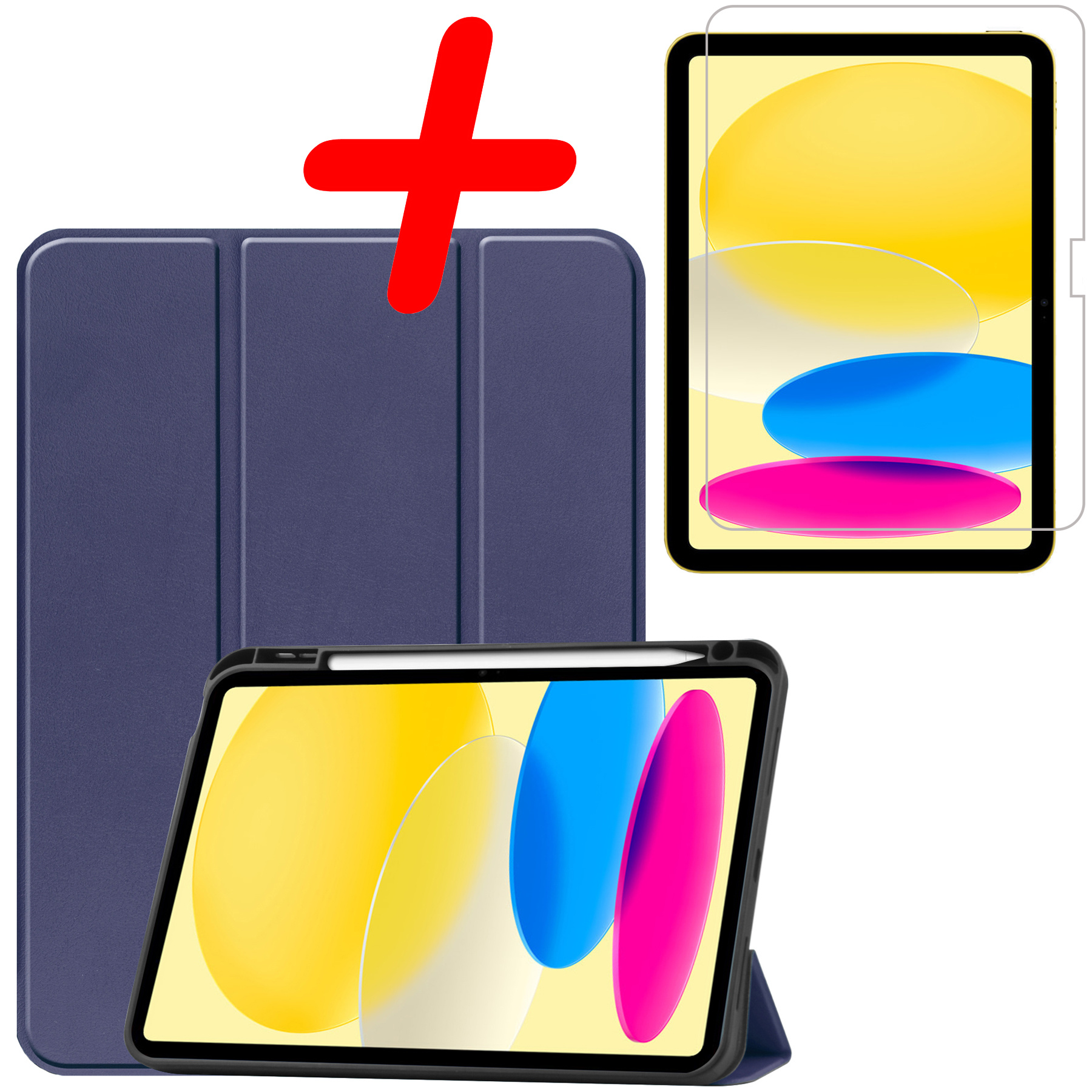 BASEY. Hoesje Geschikt voor iPad 2022 Hoes Case Tablet Hoesje Tri-fold Met Uitsparing Geschikt voor Apple Pencil Met Screenprotector - Hoes Geschikt voor iPad 10 Hoesje Hard Cover Bookcase Hoes - Donkerblauw