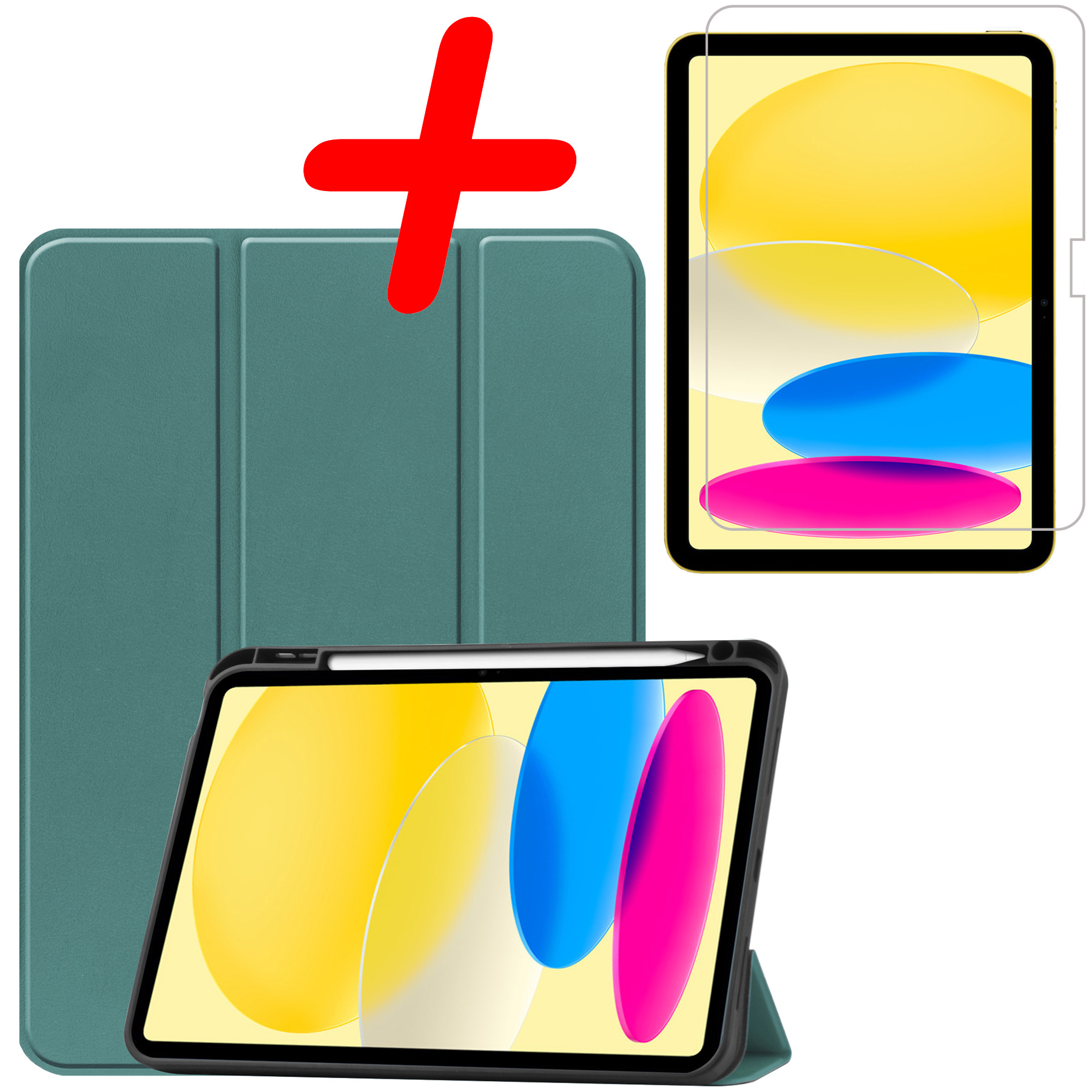 BASEY. Hoesje Geschikt voor iPad 2022 Hoes Case Tablet Hoesje Tri-fold Met Uitsparing Geschikt voor Apple Pencil Met Screenprotector - Hoes Geschikt voor iPad 10 Hoesje Hard Cover Bookcase Hoes - Donkergroen