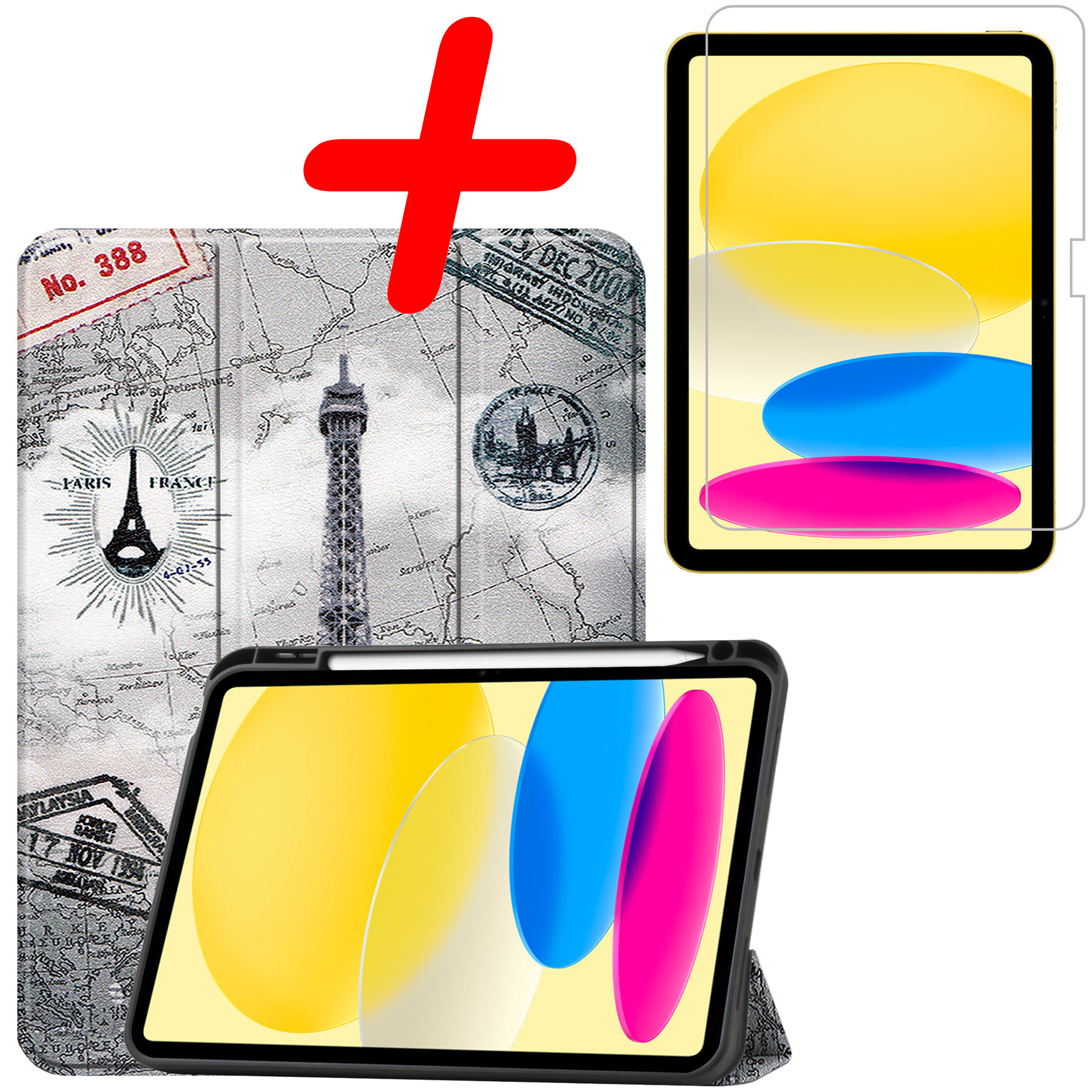 BASEY. Hoesje Geschikt voor iPad 2022 Hoes Case Tablet Hoesje Tri-fold Met Uitsparing Geschikt voor Apple Pencil Met Screenprotector - Hoes Geschikt voor iPad 10 Hoesje Hard Cover Bookcase Hoes - Eiffeltoren