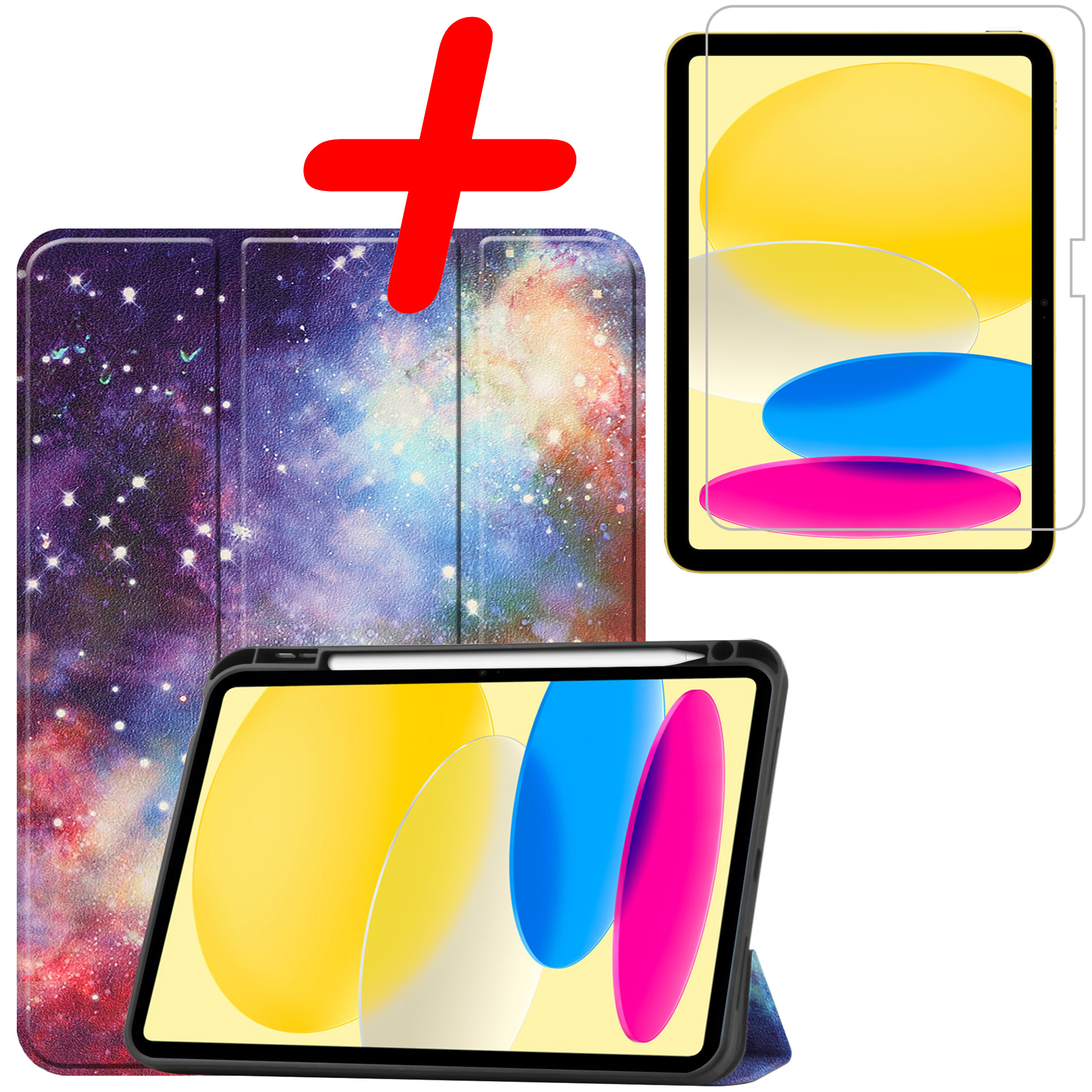 BASEY. Hoesje Geschikt voor iPad 2022 Hoes Case Tablet Hoesje Tri-fold Met Uitsparing Geschikt voor Apple Pencil Met Screenprotector - Hoes Geschikt voor iPad 10 Hoesje Hard Cover Bookcase Hoes - Galaxy