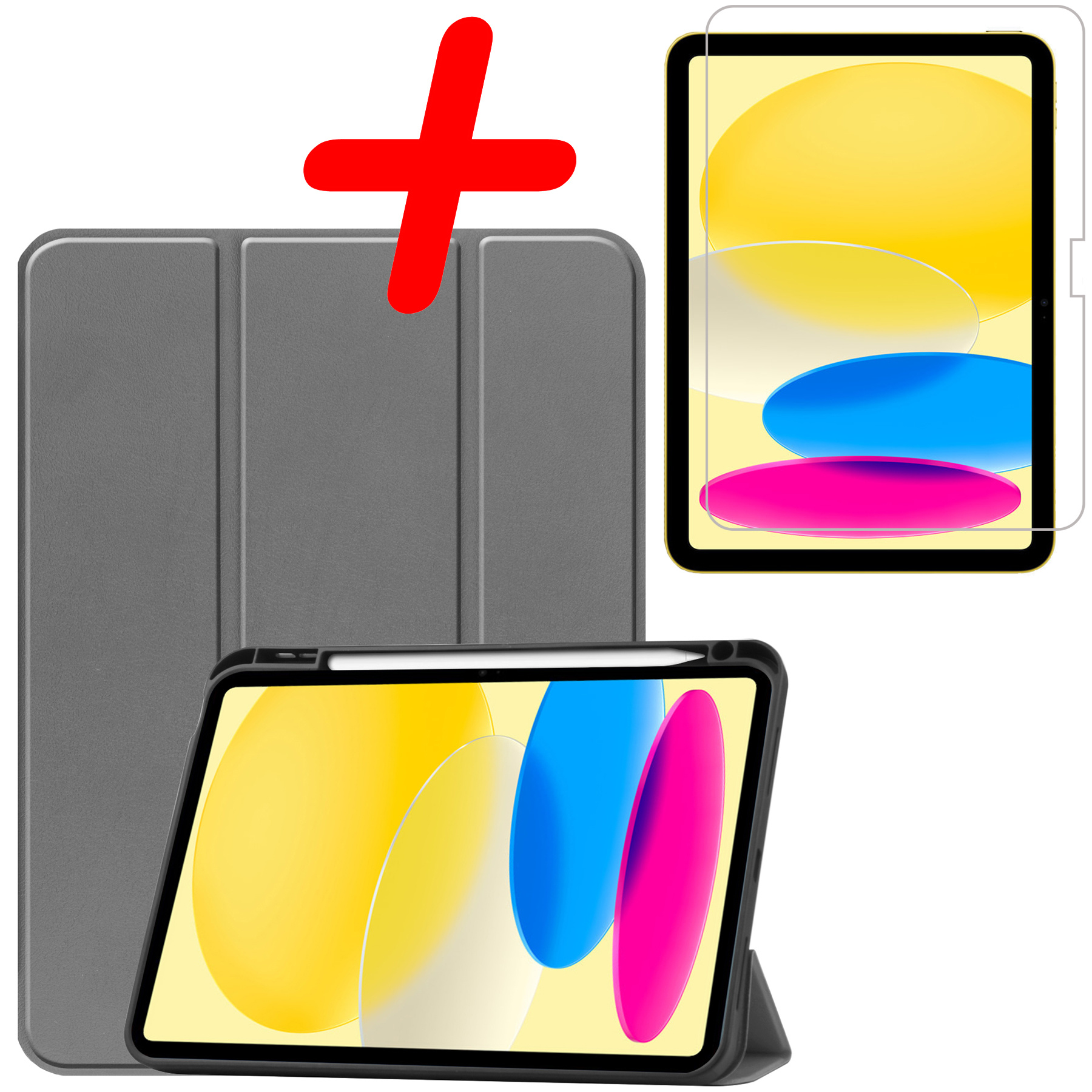 BASEY. Hoesje Geschikt voor iPad 2022 Hoes Case Tablet Hoesje Tri-fold Met Uitsparing Geschikt voor Apple Pencil Met Screenprotector - Hoes Geschikt voor iPad 10 Hoesje Hard Cover Bookcase Hoes - Grijs