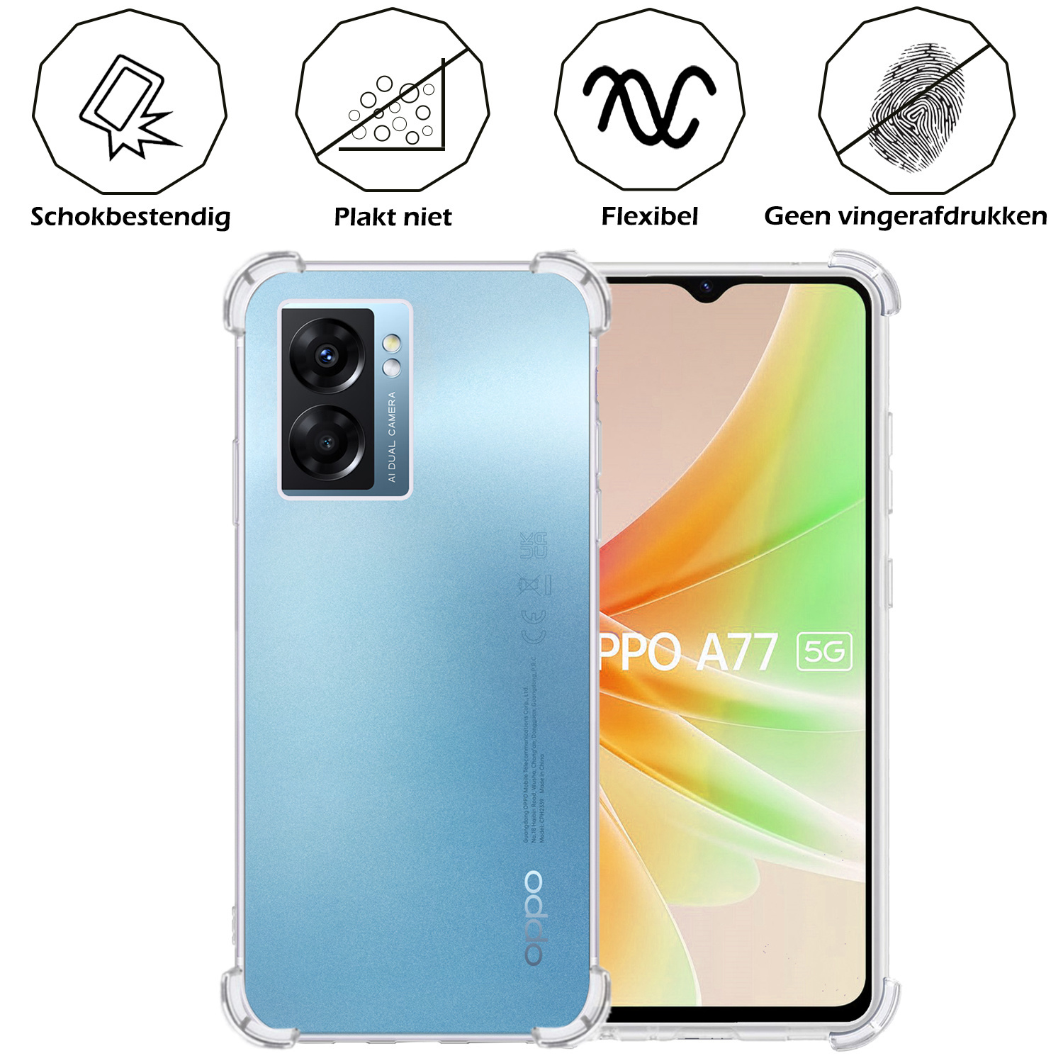 Nomfy Hoesje Geschikt voor OPPO A77 Hoesje Shock Proof Cover Case Shockproof Met 2x Screenprotector - Hoes Geschikt voor OPPO A77 Hoes Siliconen Back Case - Transparant