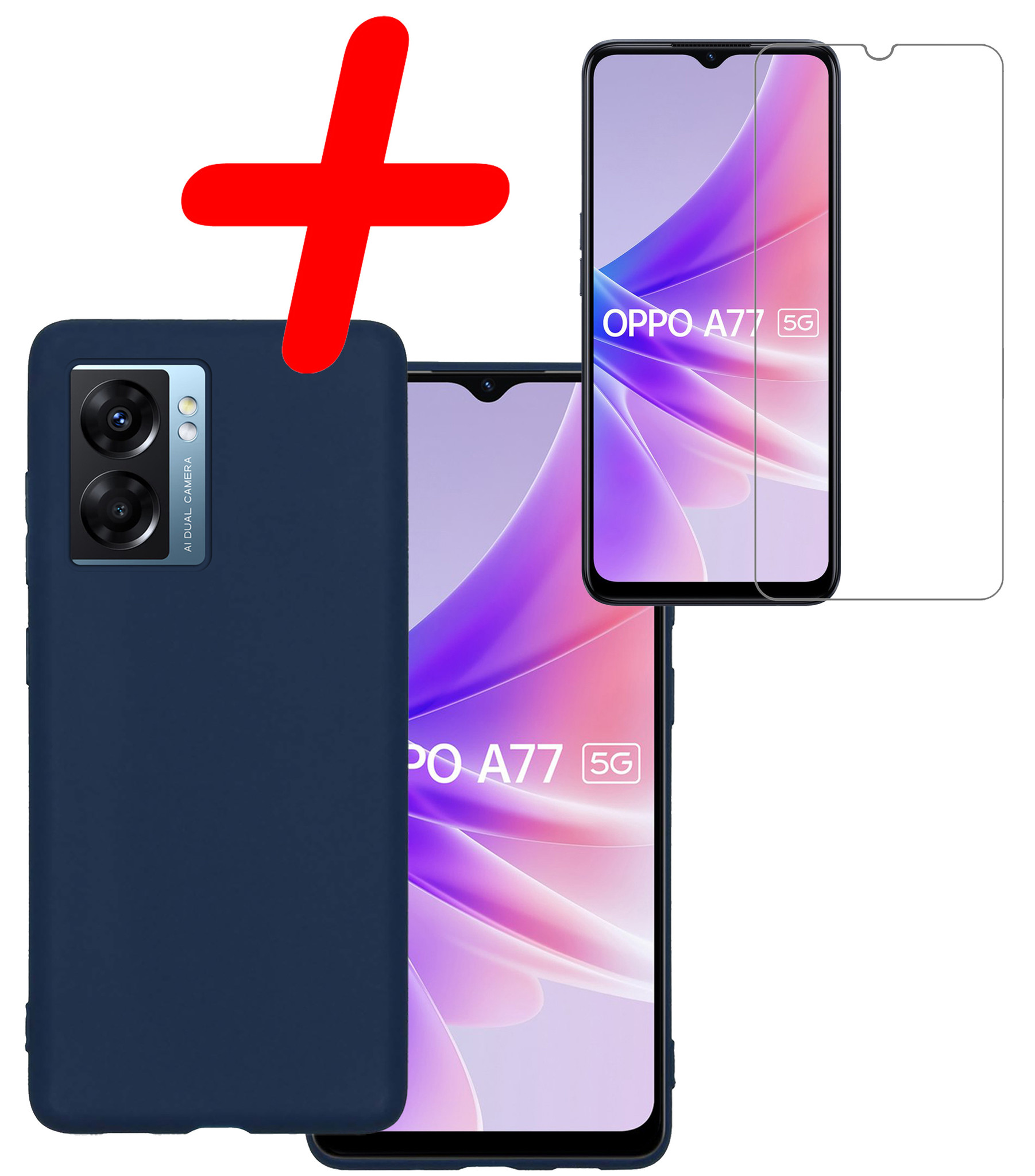 BASEY. Hoes Geschikt voor OPPO A77 Hoesje Siliconen Back Cover Case Met Screenprotector - Hoesje Geschikt voor OPPO A77 Hoes Cover Hoesje - Donkerblauw