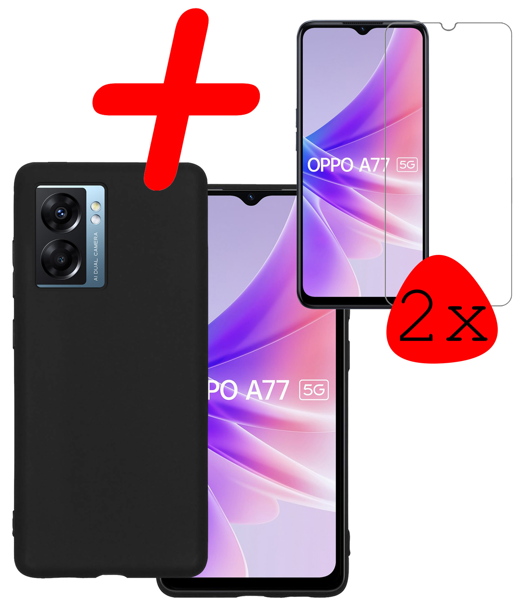 BASEY. Hoes Geschikt voor OPPO A77 Hoesje Siliconen Back Cover Case Met 2x Screenprotector - Hoesje Geschikt voor OPPO A77 Hoes Cover Hoesje - Zwart