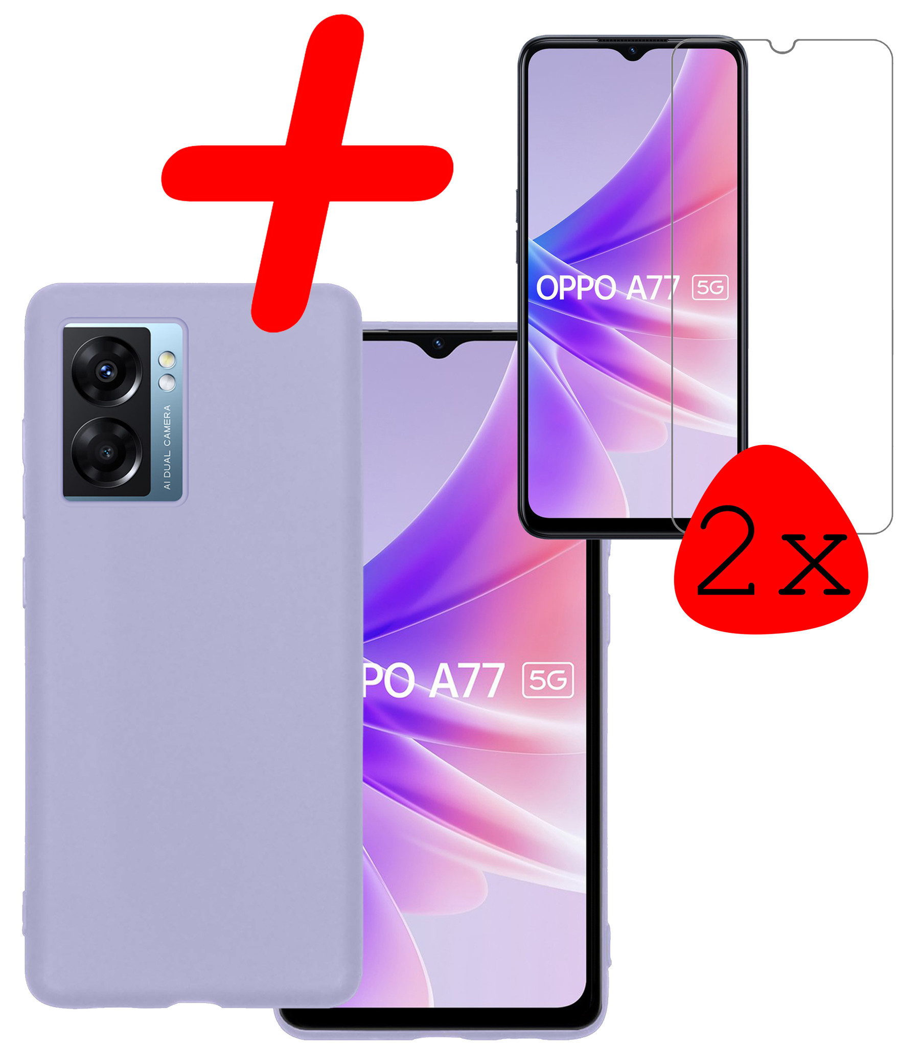 BASEY. Hoes Geschikt voor OPPO A77 Hoesje Siliconen Back Cover Case Met 2x Screenprotector - Hoesje Geschikt voor OPPO A77 Hoes Cover Hoesje - Lila