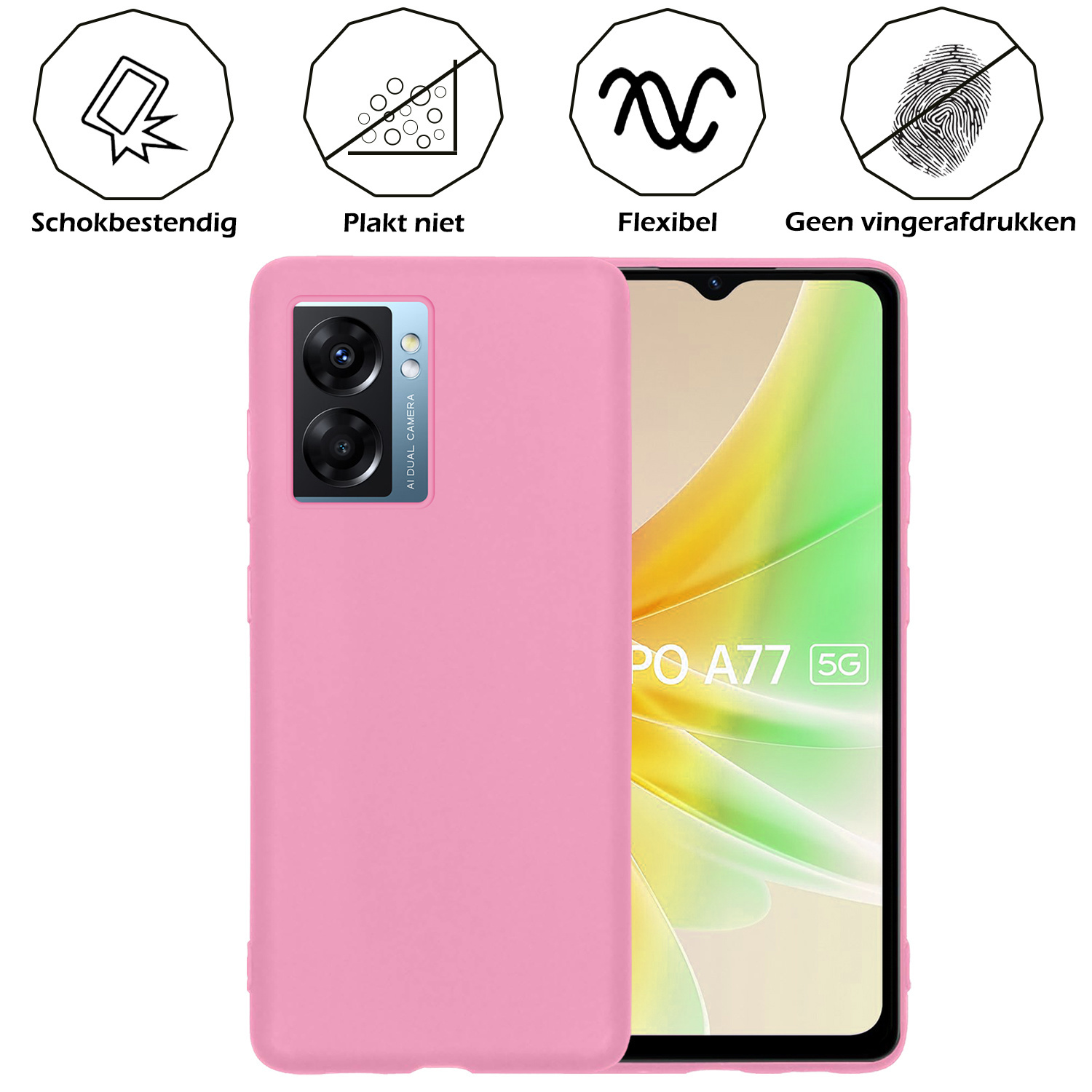 Nomfy Hoesje Geschikt voor OPPO A77 Hoesje Siliconen Cover Case Met Screenprotector - Hoes Geschikt voor OPPO A77 Hoes Back Case - Lichtroze