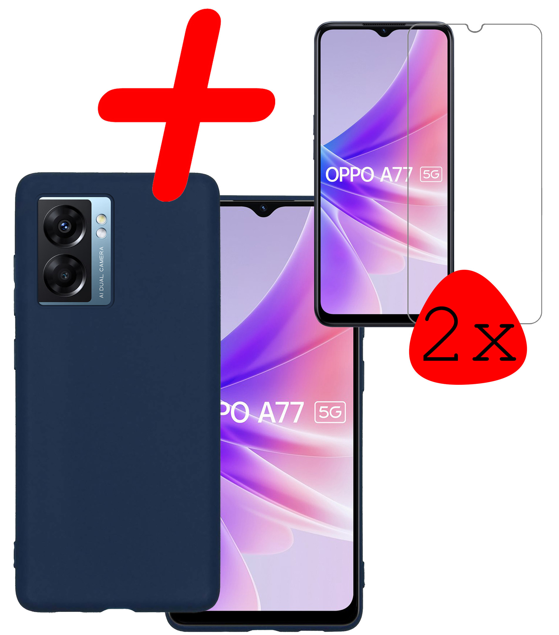 BASEY. Hoes Geschikt voor OPPO A77 Hoesje Siliconen Back Cover Case Met 2x Screenprotector - Hoesje Geschikt voor OPPO A77 Hoes Cover Hoesje - Donkerblauw