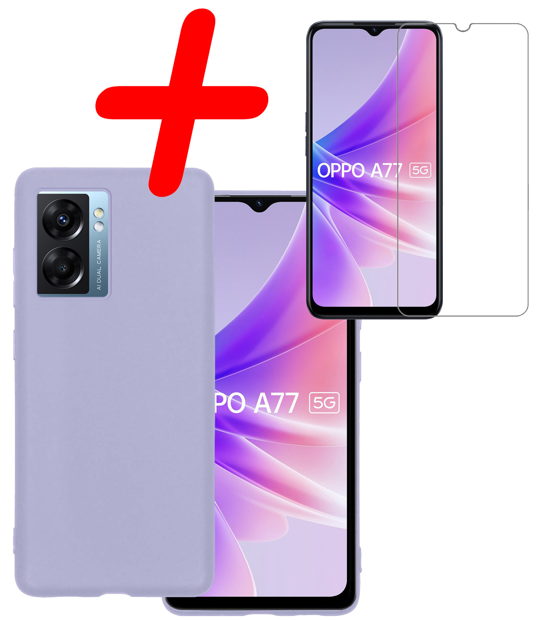 BASEY. Hoes Geschikt voor OPPO A77 Hoesje Siliconen Back Cover Case Met Screenprotector - Hoesje Geschikt voor OPPO A77 Hoes Cover Hoesje - Lila