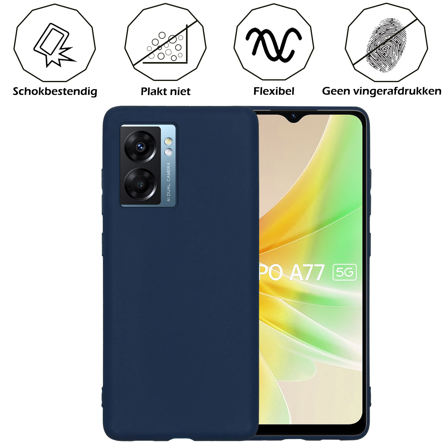 Nomfy Hoesje Geschikt voor OPPO A77 Hoesje Siliconen Cover Case Met 2x Screenprotector - Hoes Geschikt voor OPPO A77 Hoes Back Case - Donkerblauw