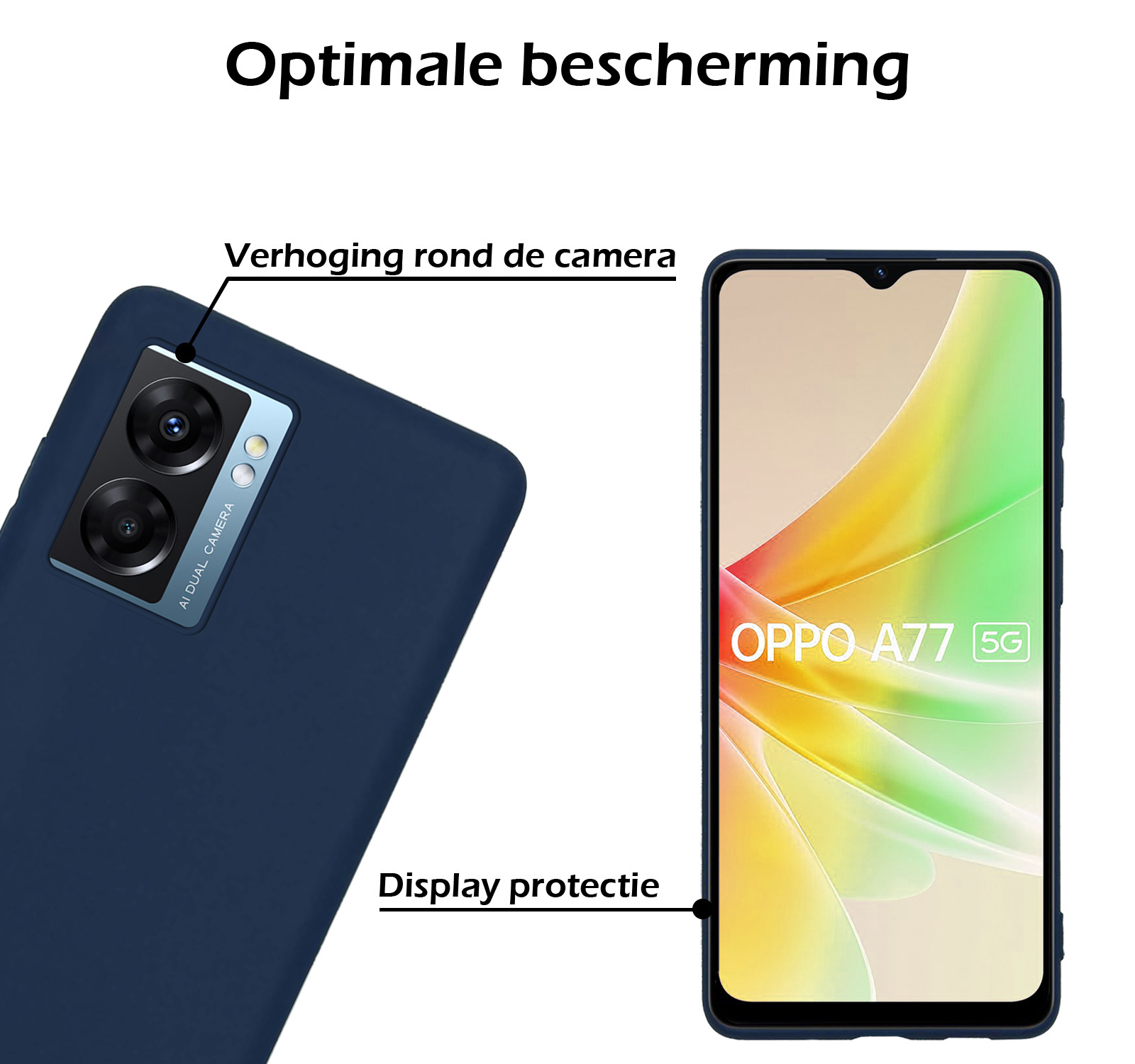 Nomfy Hoesje Geschikt voor OPPO A77 Hoesje Siliconen Cover Case Met 2x Screenprotector - Hoes Geschikt voor OPPO A77 Hoes Back Case - Donkerblauw