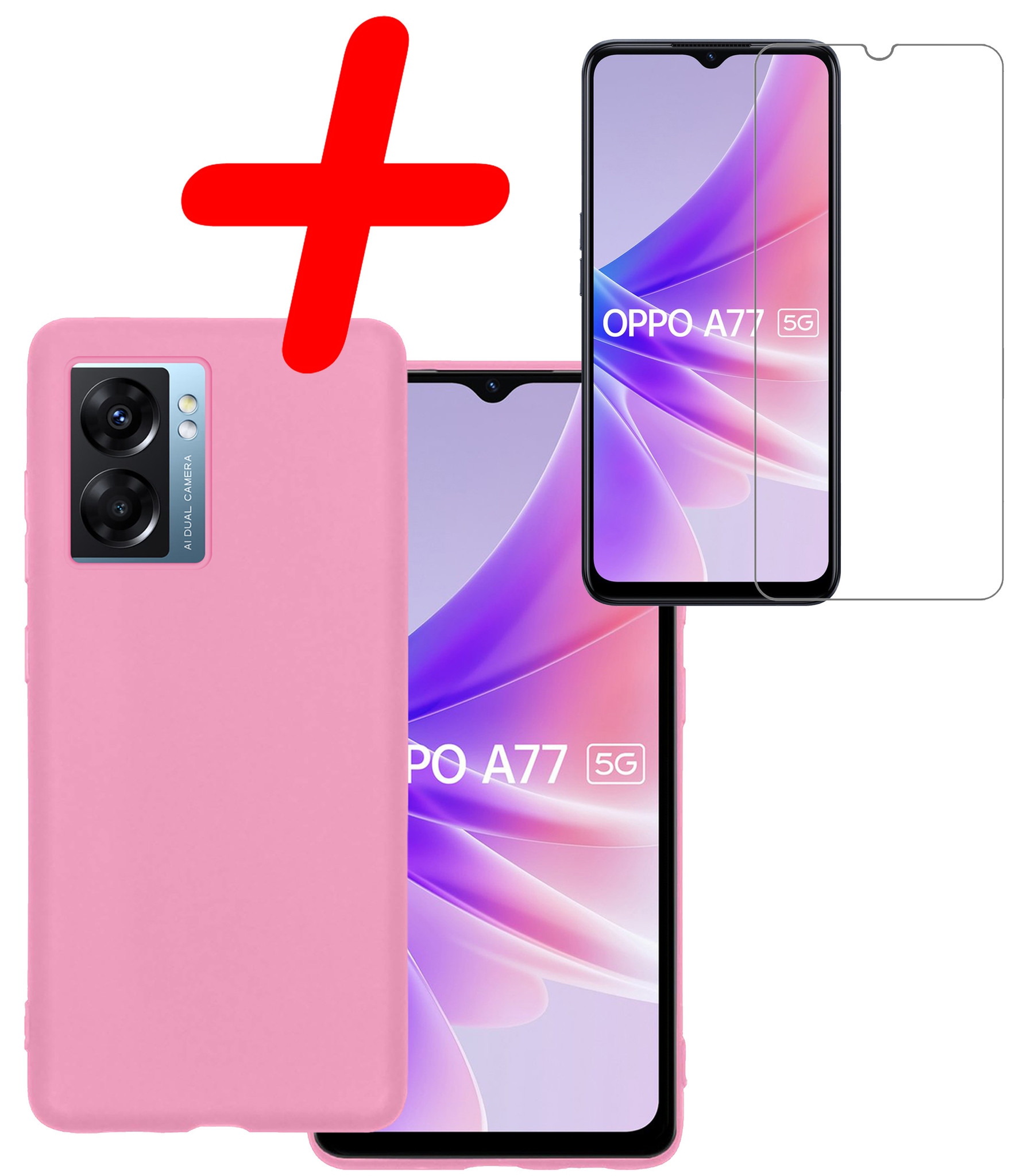 BASEY. Hoes Geschikt voor OPPO A77 Hoesje Siliconen Back Cover Case Met Screenprotector - Hoesje Geschikt voor OPPO A77 Hoes Cover Hoesje - Lichtroze