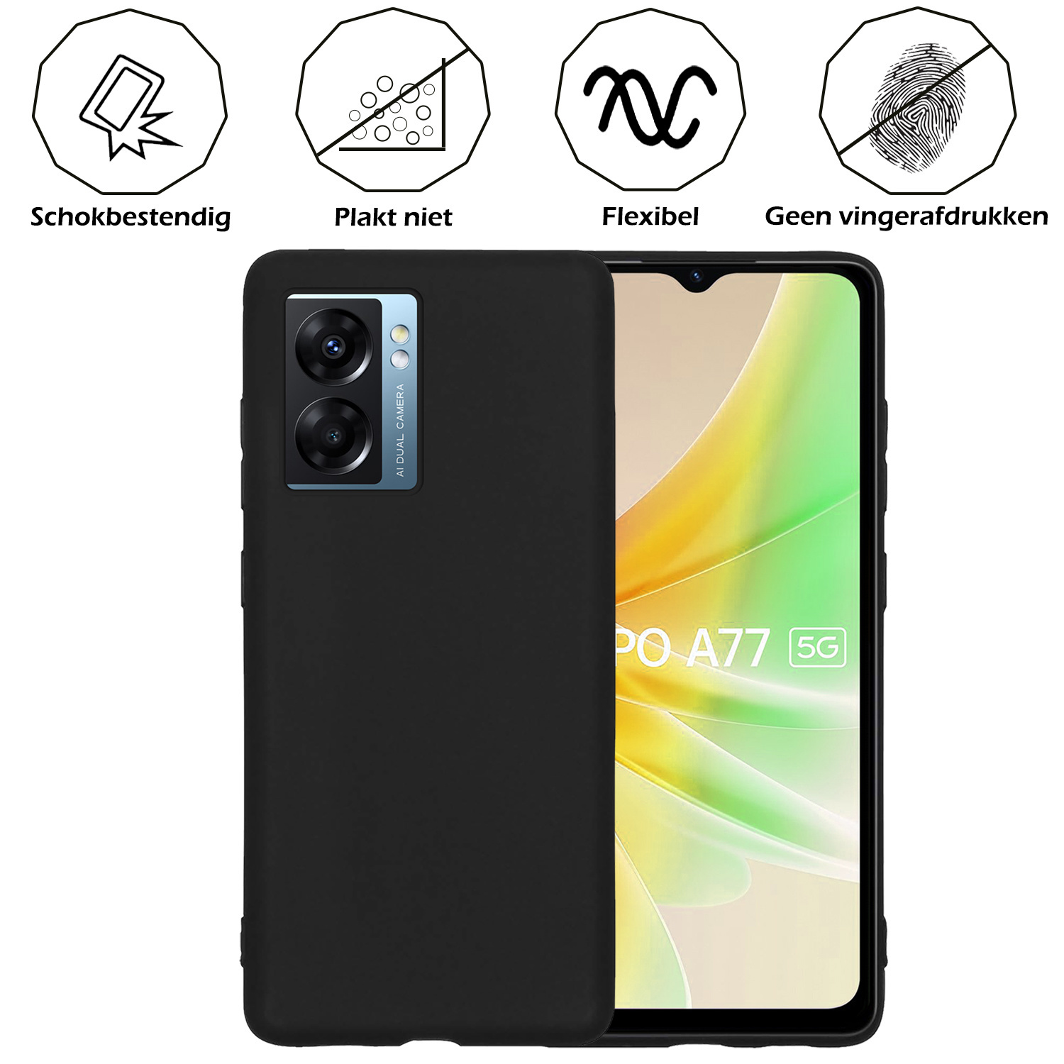 Nomfy Hoesje Geschikt voor OPPO A77 Hoesje Siliconen Cover Case Met 2x Screenprotector - Hoes Geschikt voor OPPO A77 Hoes Back Case - Zwart