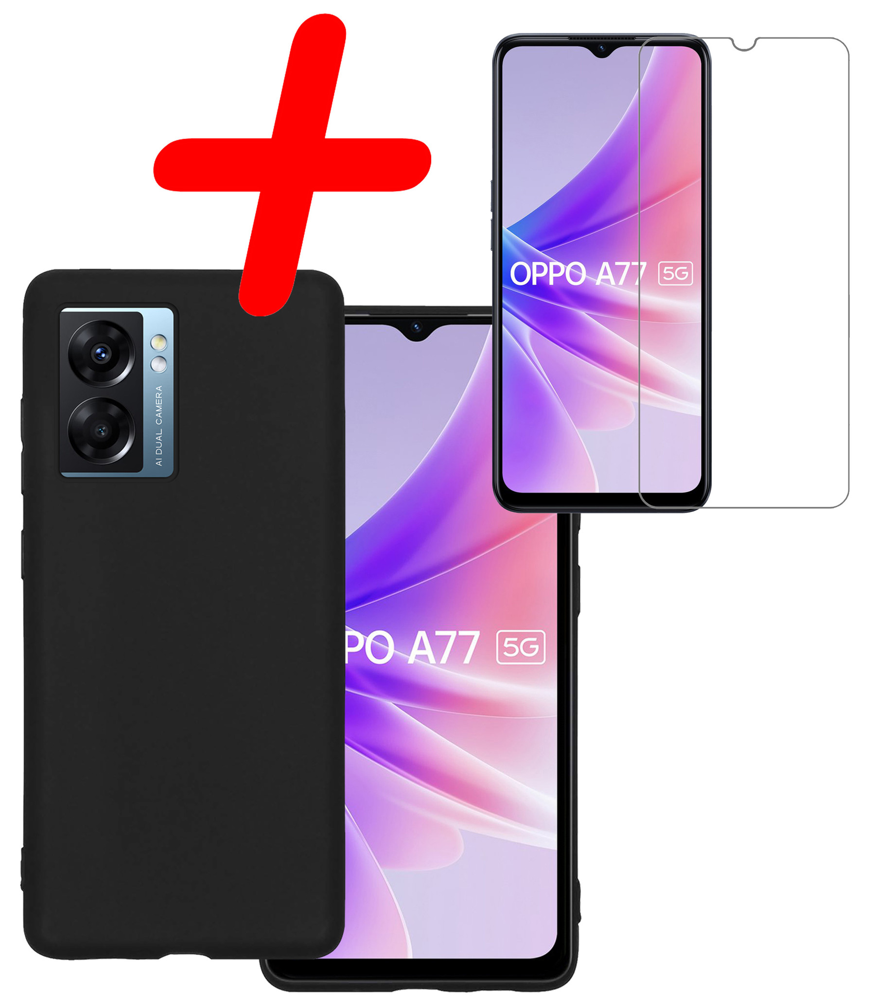 BASEY. Hoes Geschikt voor OPPO A77 Hoesje Siliconen Back Cover Case Met Screenprotector - Hoesje Geschikt voor OPPO A77 Hoes Cover Hoesje - Zwart