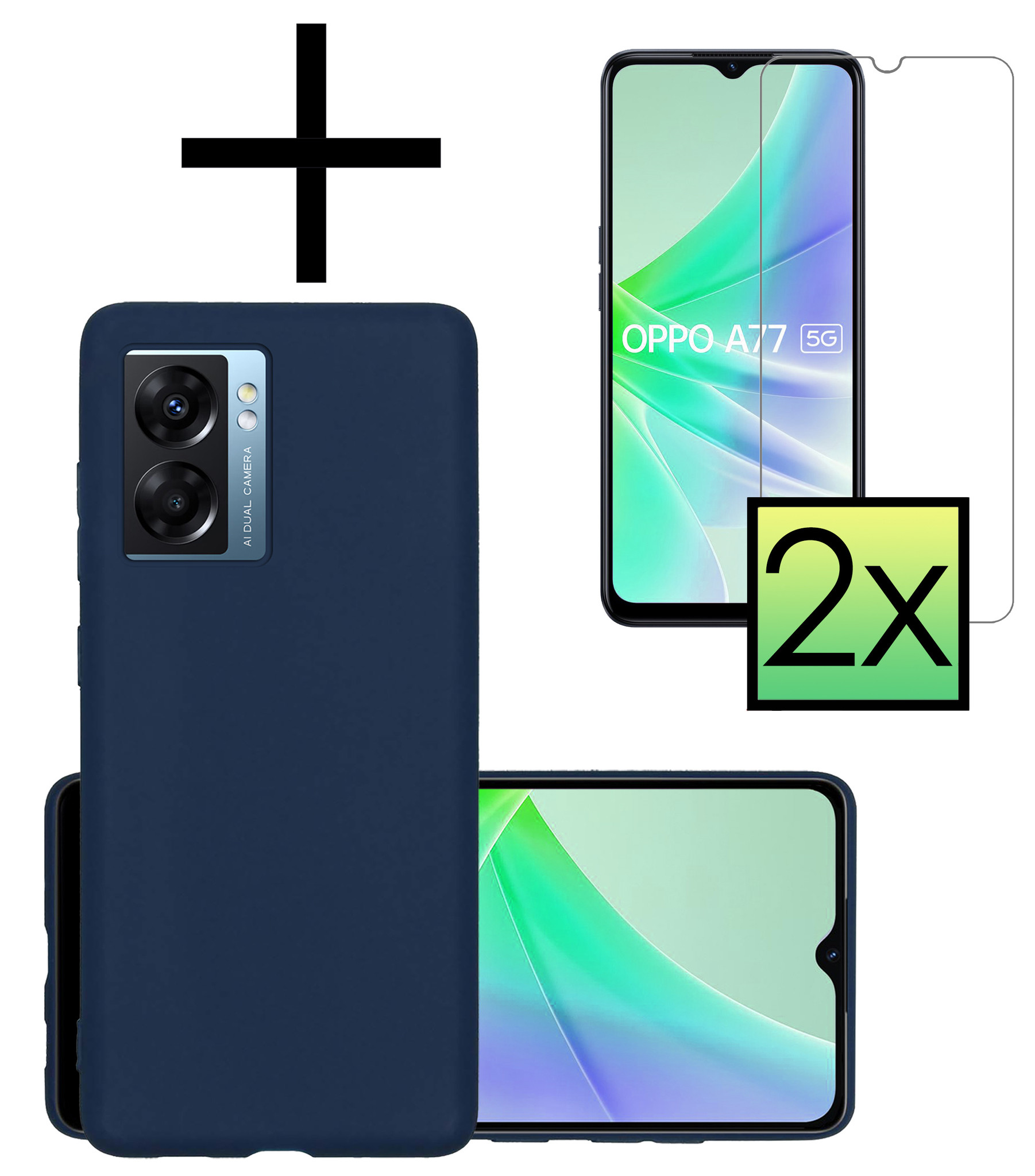 NoXx Hoes Geschikt voor OPPO A77 Hoesje Cover Siliconen Back Case Hoes Met 2x Screenprotector - Donkerblauw