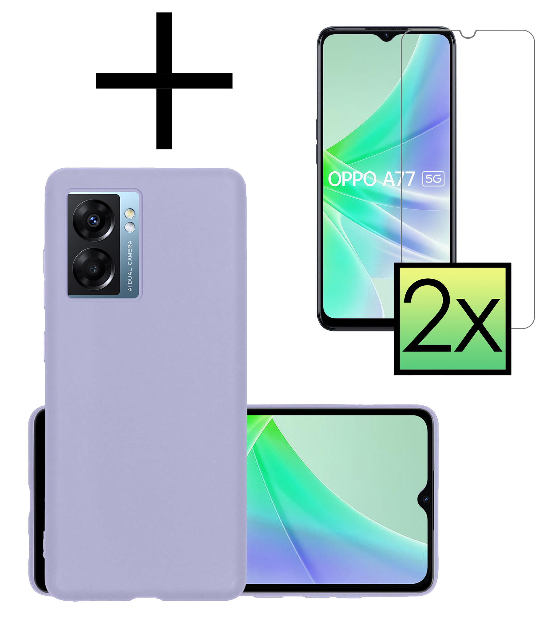 NoXx Hoes Geschikt voor OPPO A77 Hoesje Cover Siliconen Back Case Hoes Met 2x Screenprotector - Lila