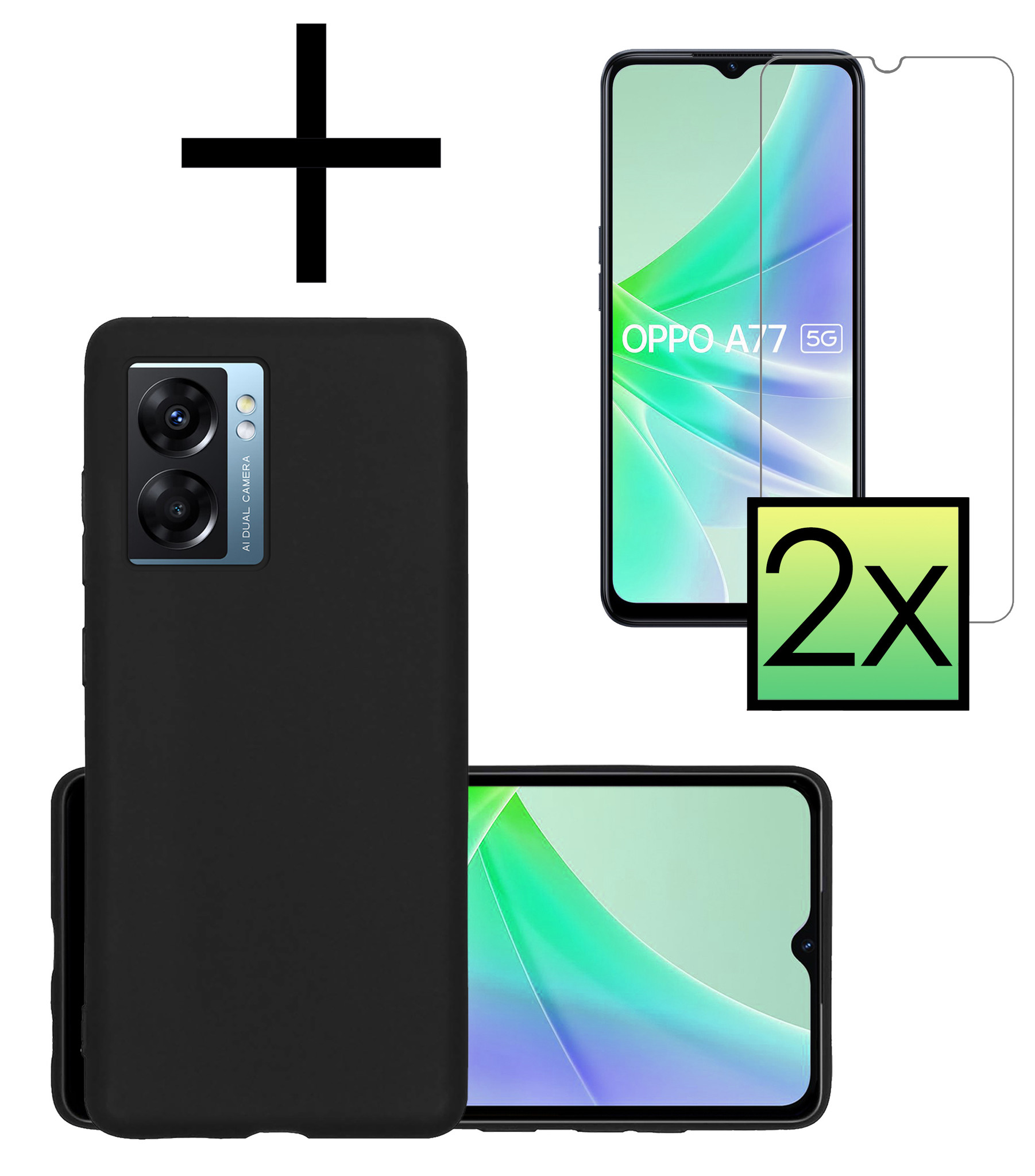 NoXx Hoes Geschikt voor OPPO A77 Hoesje Cover Siliconen Back Case Hoes Met 2x Screenprotector - Zwart