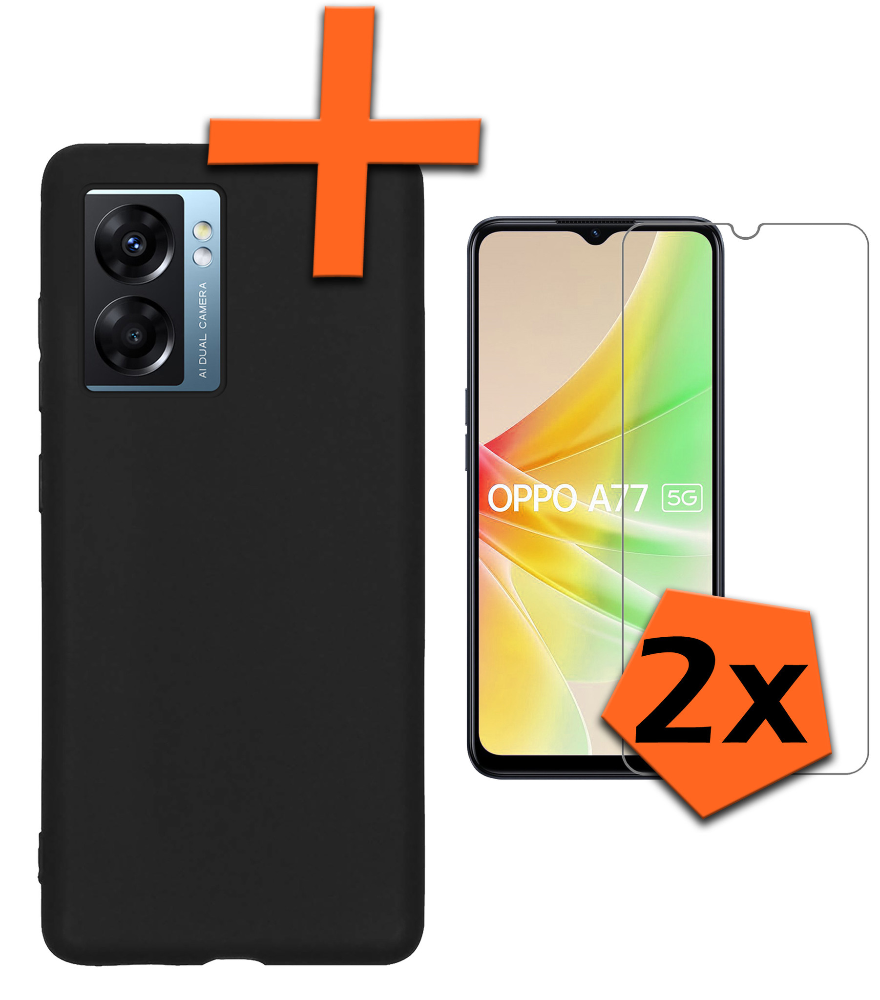 Nomfy Hoesje Geschikt voor OPPO A77 Hoesje Siliconen Cover Case Met 2x Screenprotector - Hoes Geschikt voor OPPO A77 Hoes Back Case - Zwart