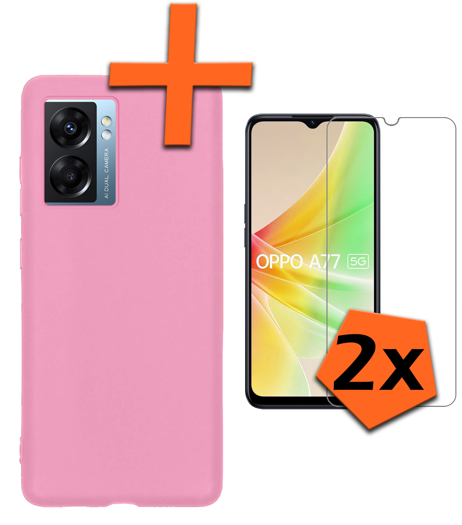 Nomfy Hoesje Geschikt voor OPPO A77 Hoesje Siliconen Cover Case Met 2x Screenprotector - Hoes Geschikt voor OPPO A77 Hoes Back Case - Lichtroze