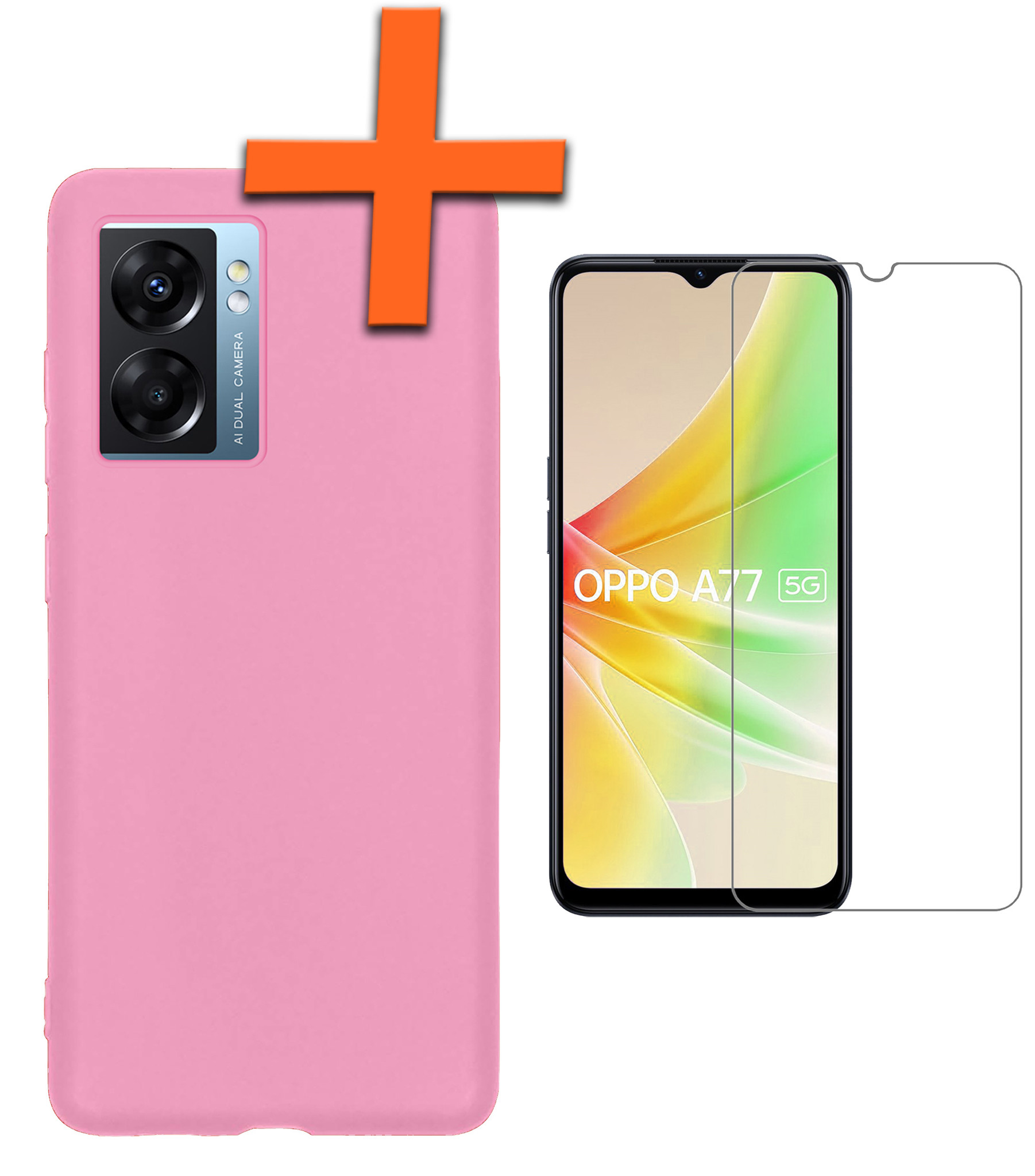 Nomfy Hoesje Geschikt voor OPPO A77 Hoesje Siliconen Cover Case Met Screenprotector - Hoes Geschikt voor OPPO A77 Hoes Back Case - Lichtroze