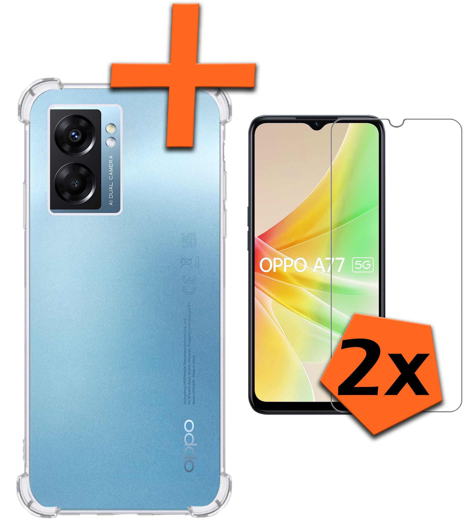 Nomfy Hoesje Geschikt voor OPPO A77 Hoesje Shock Proof Cover Case Shockproof Met 2x Screenprotector - Hoes Geschikt voor OPPO A77 Hoes Siliconen Back Case - Transparant