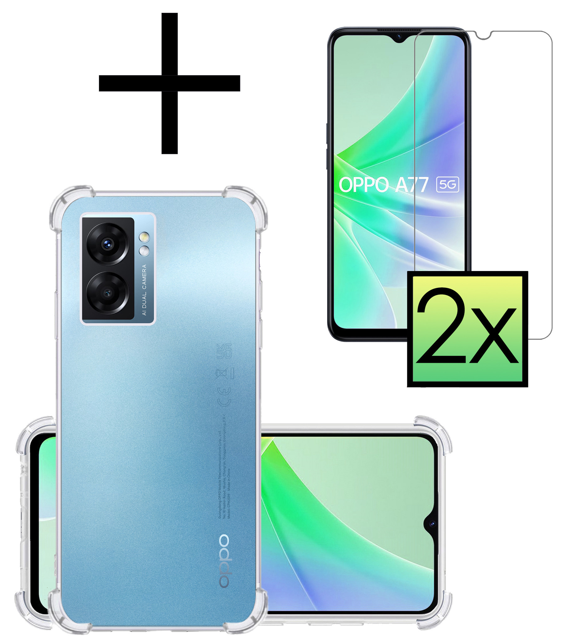 NoXx Hoes Geschikt voor OPPO A77 Hoesje Siliconen Cover Shock Proof Back Case Shockproof Hoes Met 2x Screenprotector - Transparant