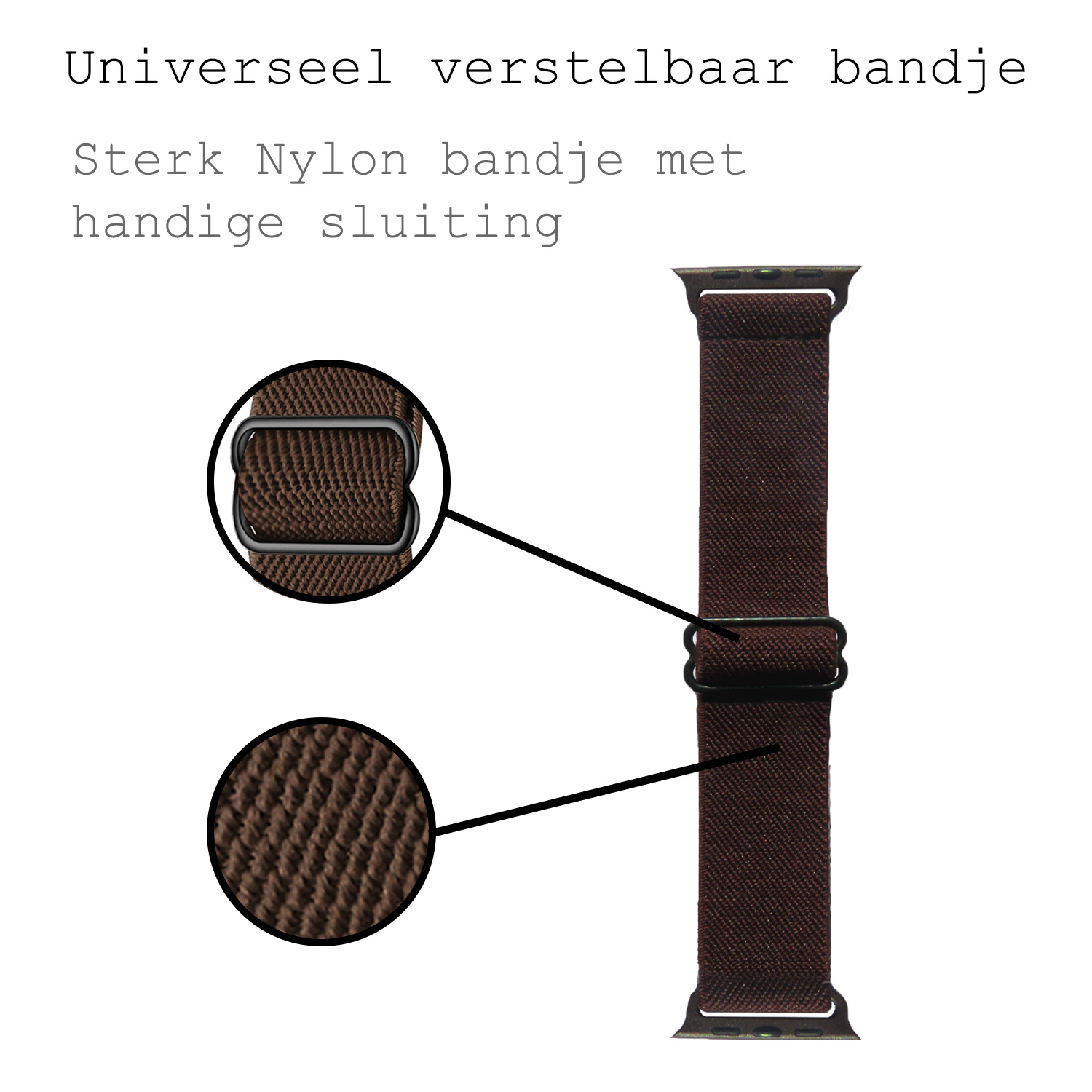 BASEY. Nylon Bandje Geschikt voor Apple Watch 1-8 / SE (42/44/45) Bandje Stof - Horloge Band Verstelbare Gesp Polsband Geschikt voor Apple Watch 1-8 / SE (42/44/45) - Bruin