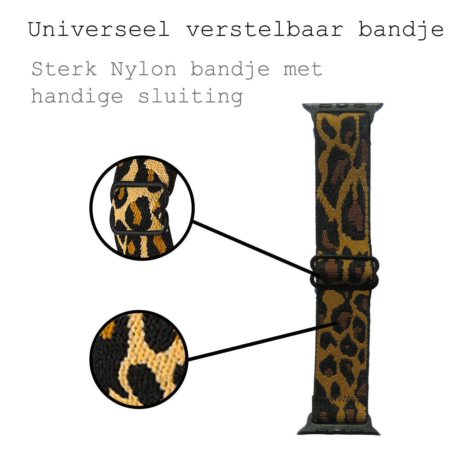 BASEY. Nylon Bandje Geschikt voor Apple Watch 1-8 / SE (42/44/45) Bandje Stof - Horloge Band Verstelbare Gesp Polsband Geschikt voor Apple Watch 1-8 / SE (42/44/45) - Panterbruin