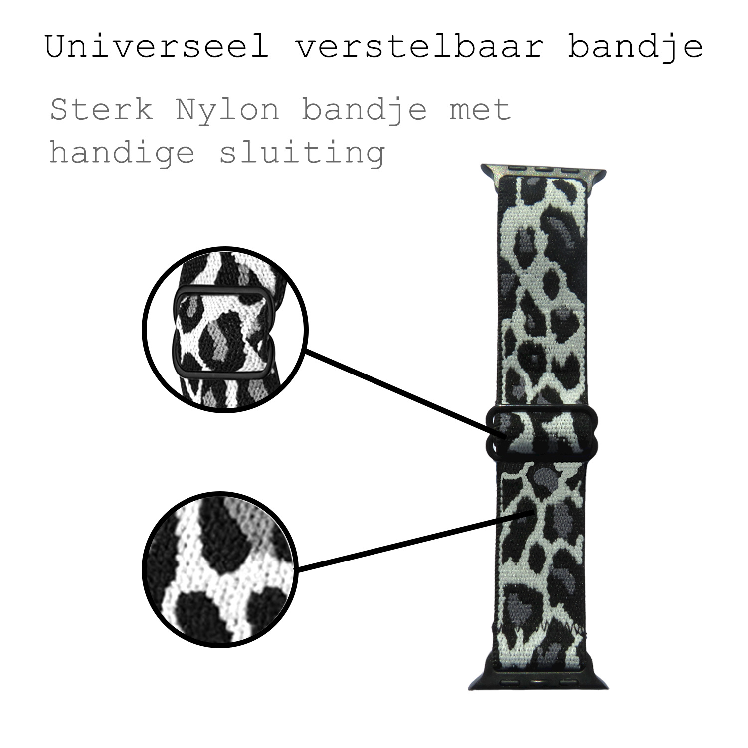BASEY. Nylon Bandje Geschikt voor Apple Watch 1-8 / SE (42/44/45) Bandje Stof - Horloge Band Verstelbare Gesp Polsband Geschikt voor Apple Watch 1-8 / SE (42/44/45) - Panterwit