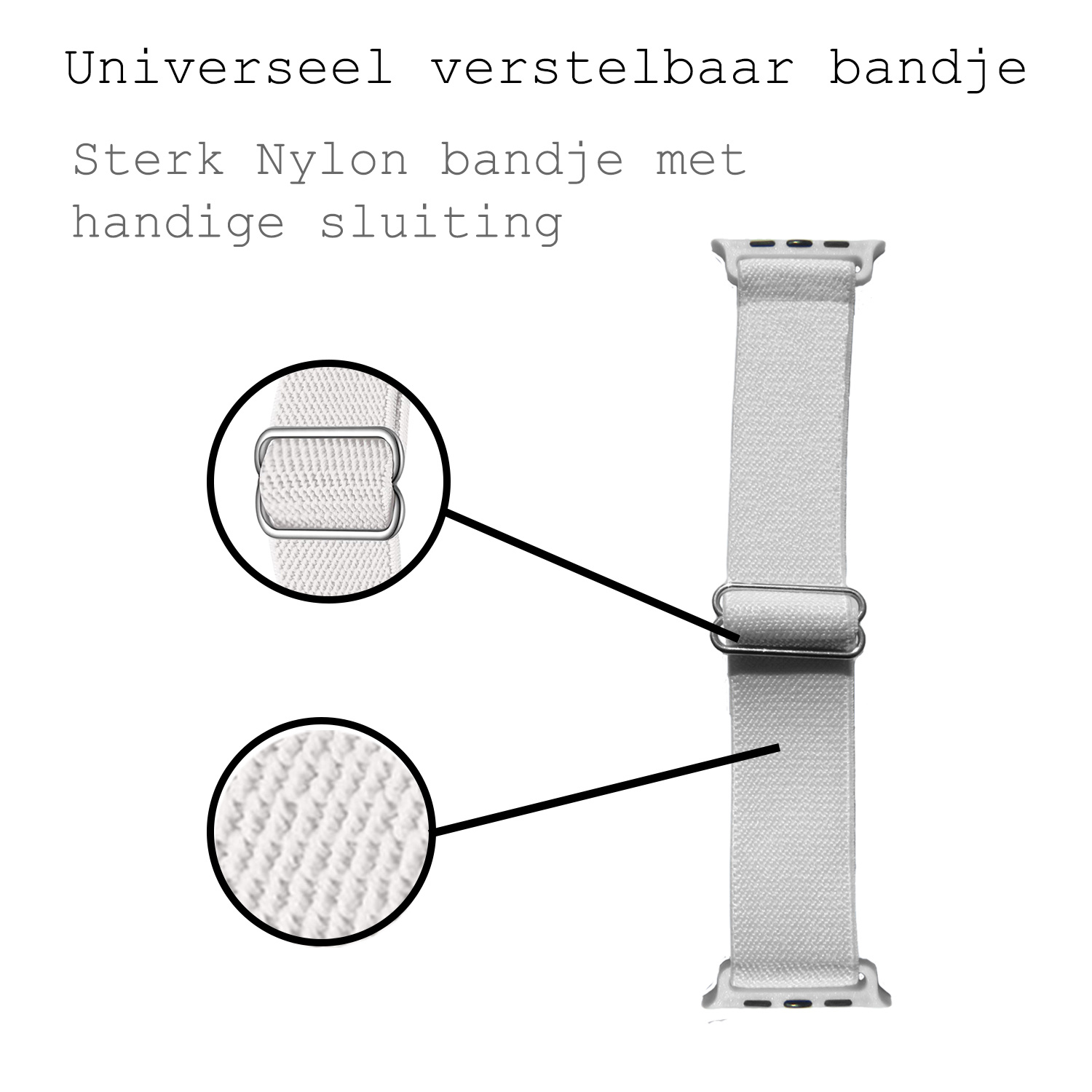 BASEY. Nylon Bandje Geschikt voor Apple Watch 1-8 / SE (42/44/45) Bandje Stof - Horloge Band Verstelbare Gesp Polsband Geschikt voor Apple Watch 1-8 / SE (42/44/45) - Wit