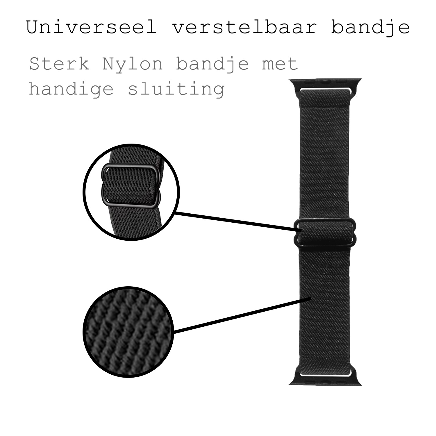 BASEY. Nylon Bandje Geschikt voor Apple Watch 1-8 / SE (42/44/45) Bandje Stof - Horloge Band Verstelbare Gesp Polsband Geschikt voor Apple Watch 1-8 / SE (42/44/45) - Zwart